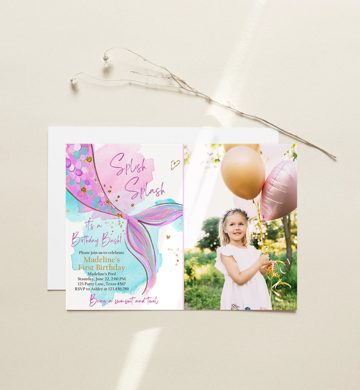 Editable Mermaid Birthday Party Invitation Girl Pink Purple Gold Mermaid Birthday Under The Sea Digital Download Template Printable 0403