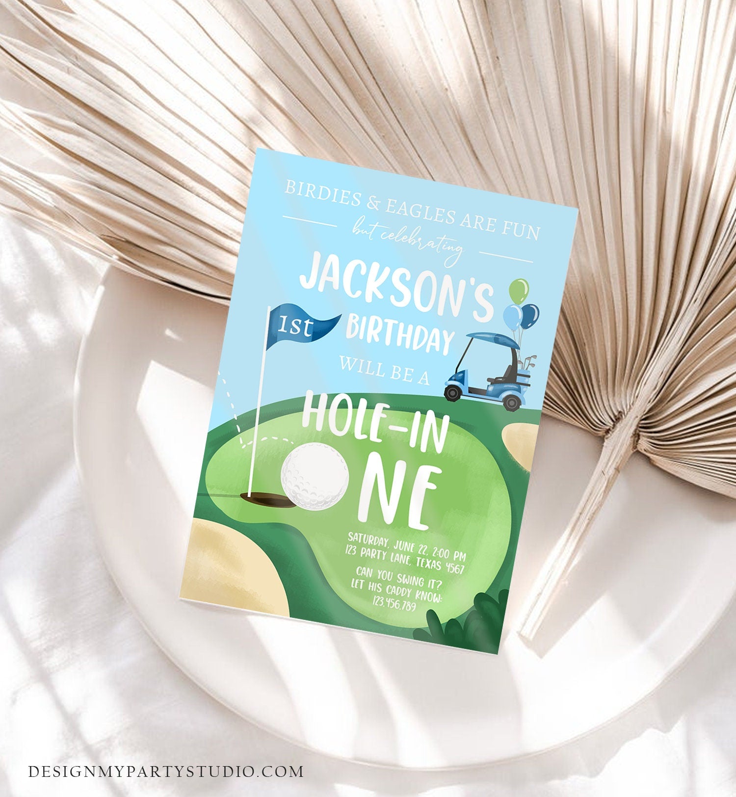 Editable Hole in One Birthday Invitation First Birthday Par-tee Golf Birthday Boy Golfing Digital Download Evite Template Printable 0405