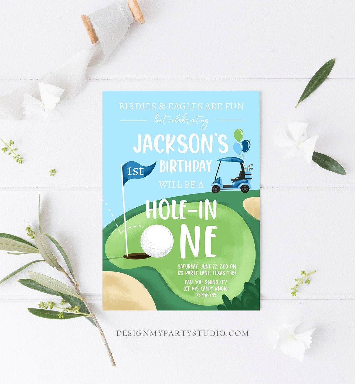 Editable Hole in One Birthday Invitation First Birthday Par-tee Golf Birthday Boy Golfing Digital Download Evite Template Printable 0405