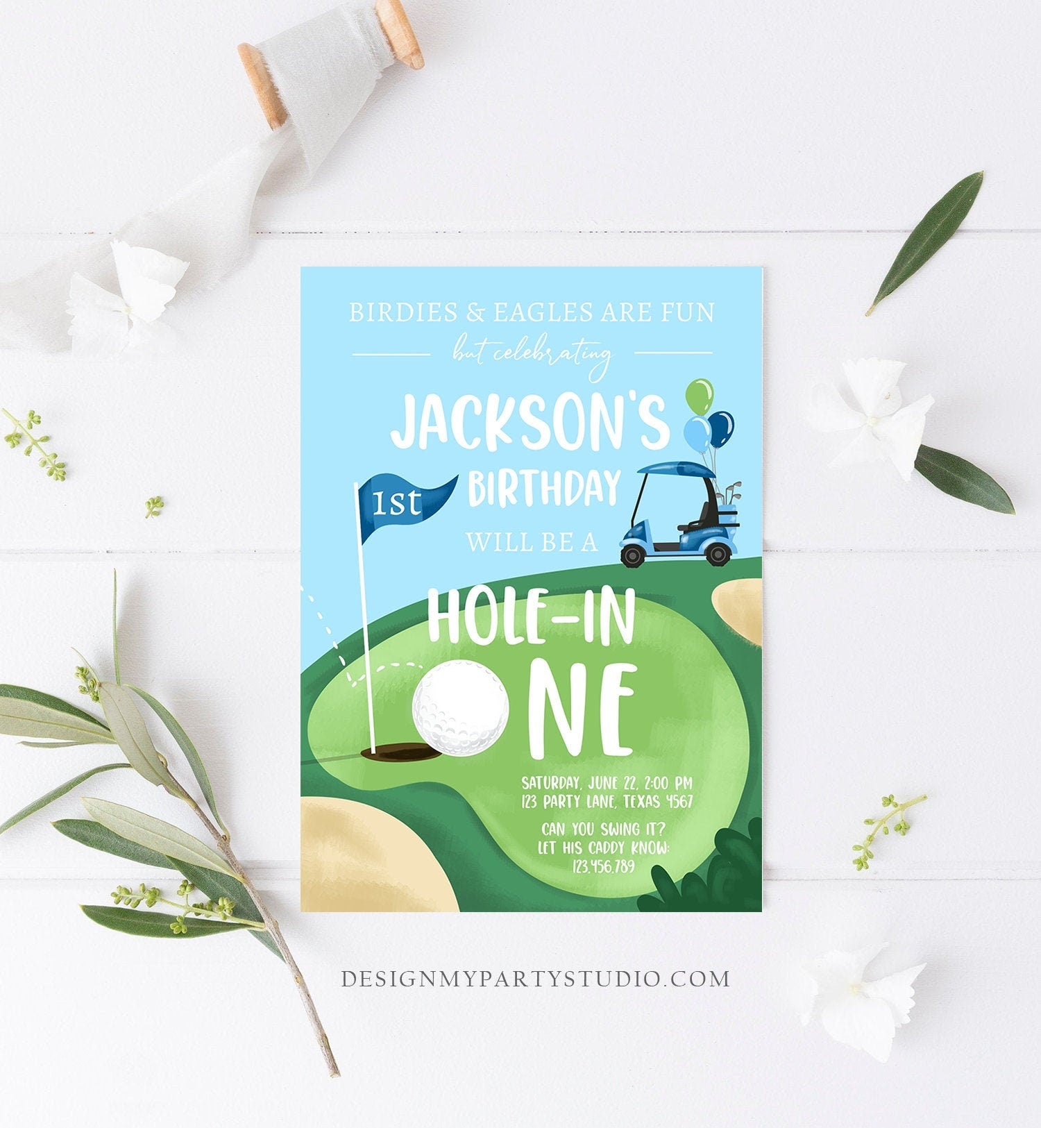 Editable Hole in One Birthday Invitation First Birthday Par-tee Golf Birthday Boy Golfing Digital Download Evite Template Printable 0405