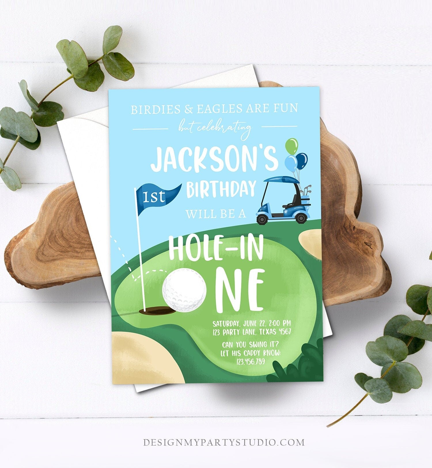 Editable Hole in One Birthday Invitation First Birthday Par-tee Golf Birthday Boy Golfing Digital Download Evite Template Printable 0405