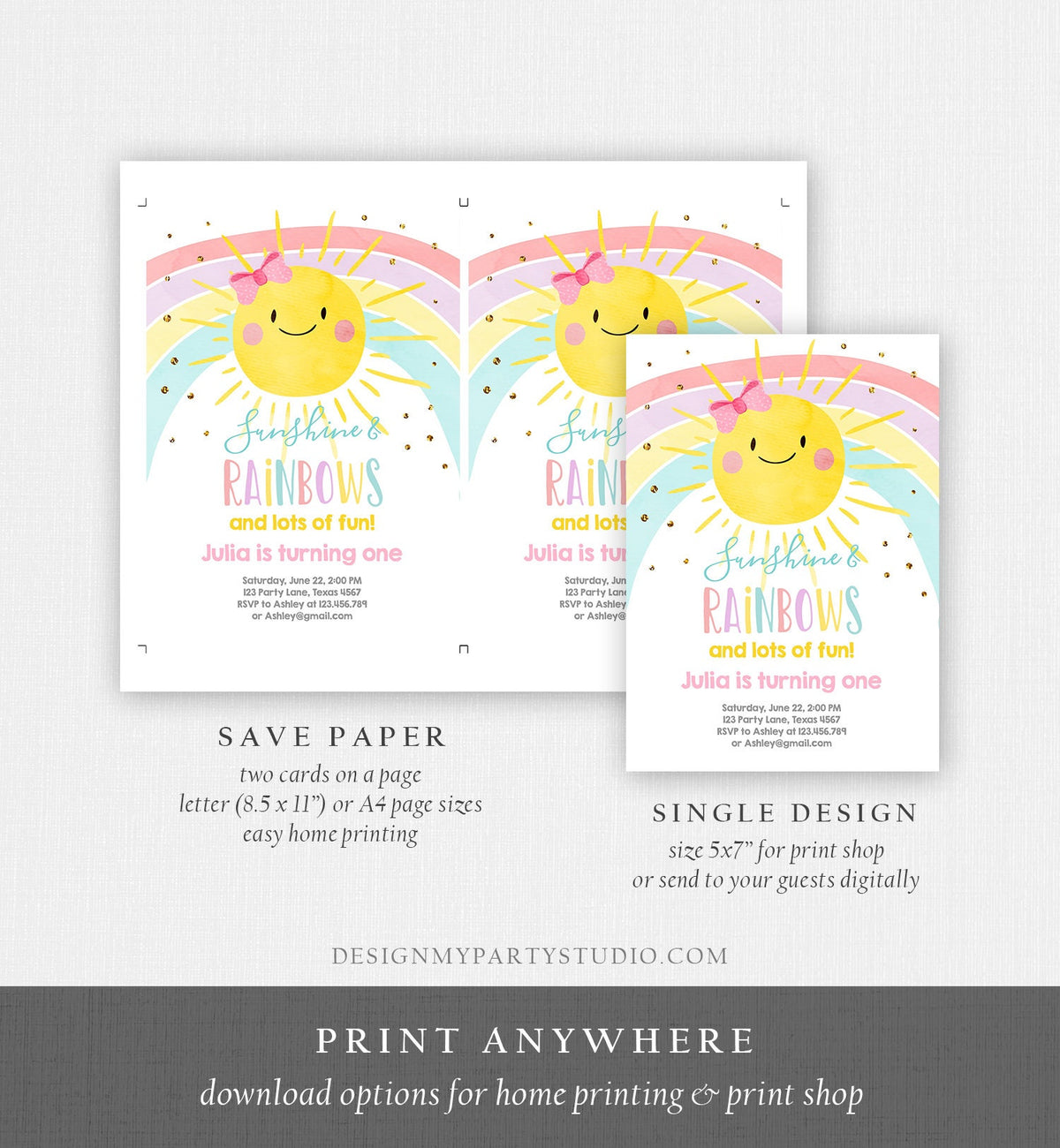 Editable Sunshine and Rainbow Birthday Invitation Pastel Rainbow Birthday Sunshine 1st Birthday Party Girl Download Corjl Template 0402