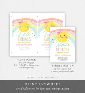 Editable Sunshine and Rainbow Birthday Invitation Pastel Rainbow Birthday Sunshine 1st Birthday Party Girl Download Corjl Template 0402
