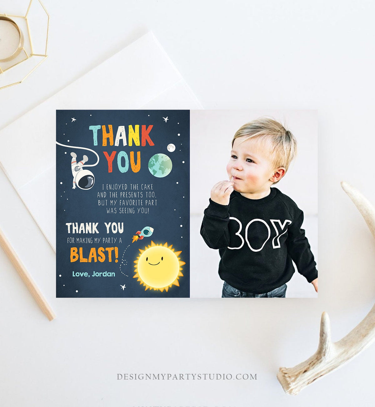 Editable Space Birthday Thank You Card Space Astronaut To the Moon Galaxy Thank You Note Download Printable Template Digital Corjl 0046