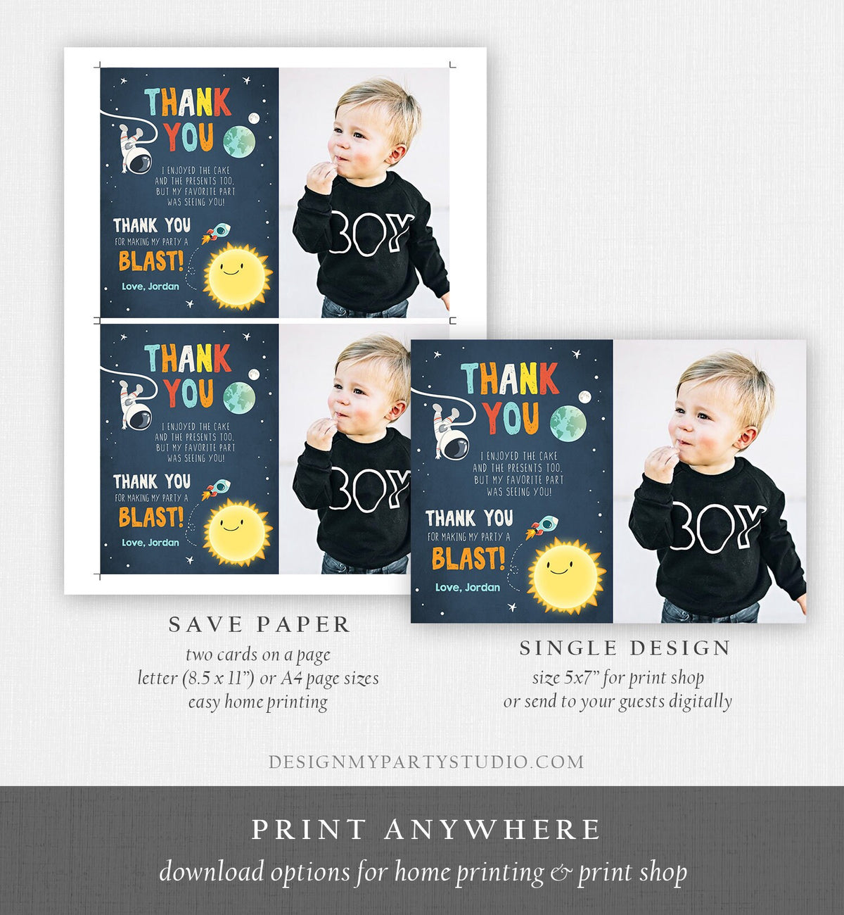 Editable Space Birthday Thank You Card Space Astronaut To the Moon Galaxy Thank You Note Download Printable Template Digital Corjl 0046