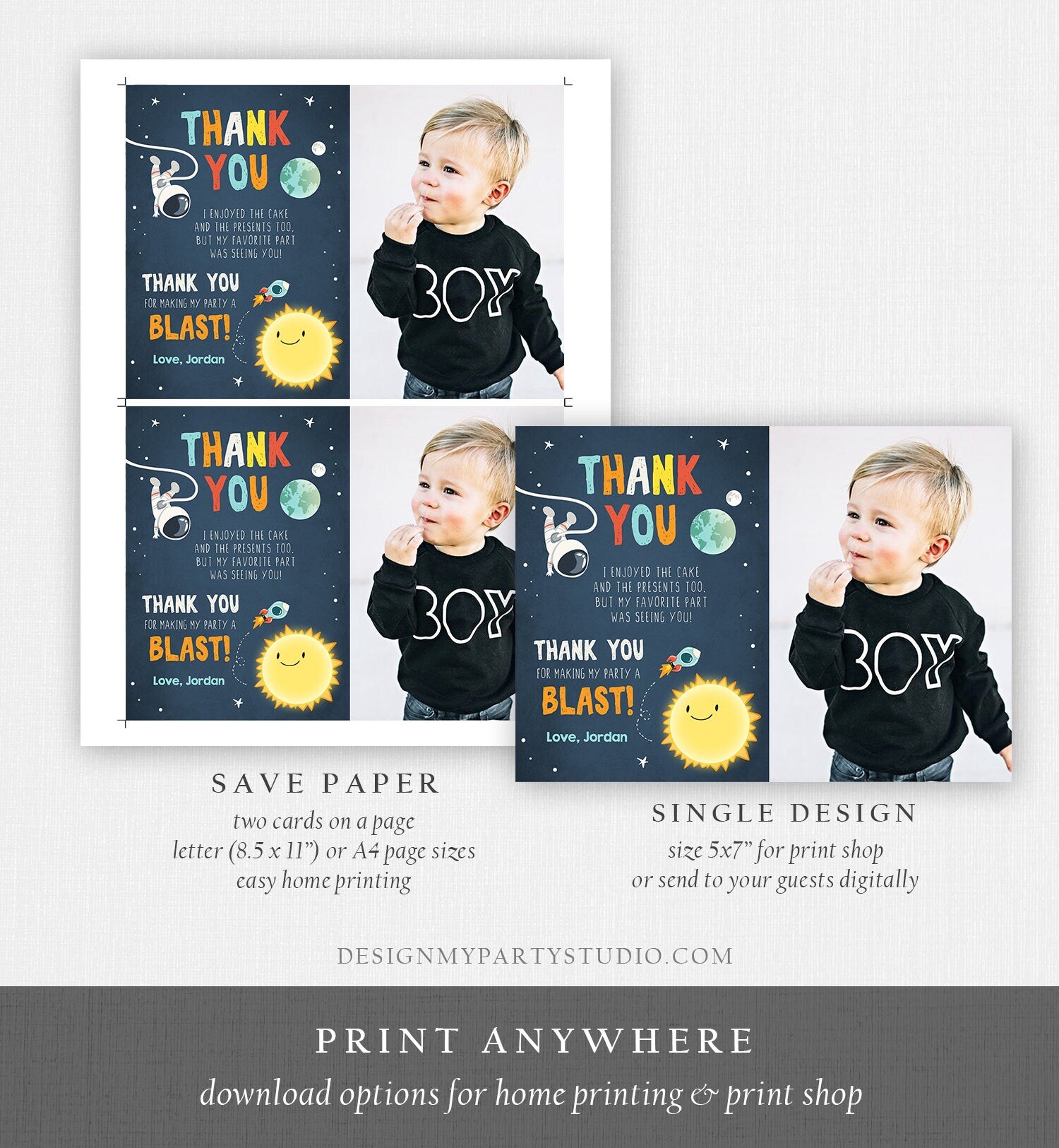 Editable Space Birthday Thank You Card Space Astronaut To the Moon Galaxy Thank You Note Download Printable Template Digital Corjl 0046