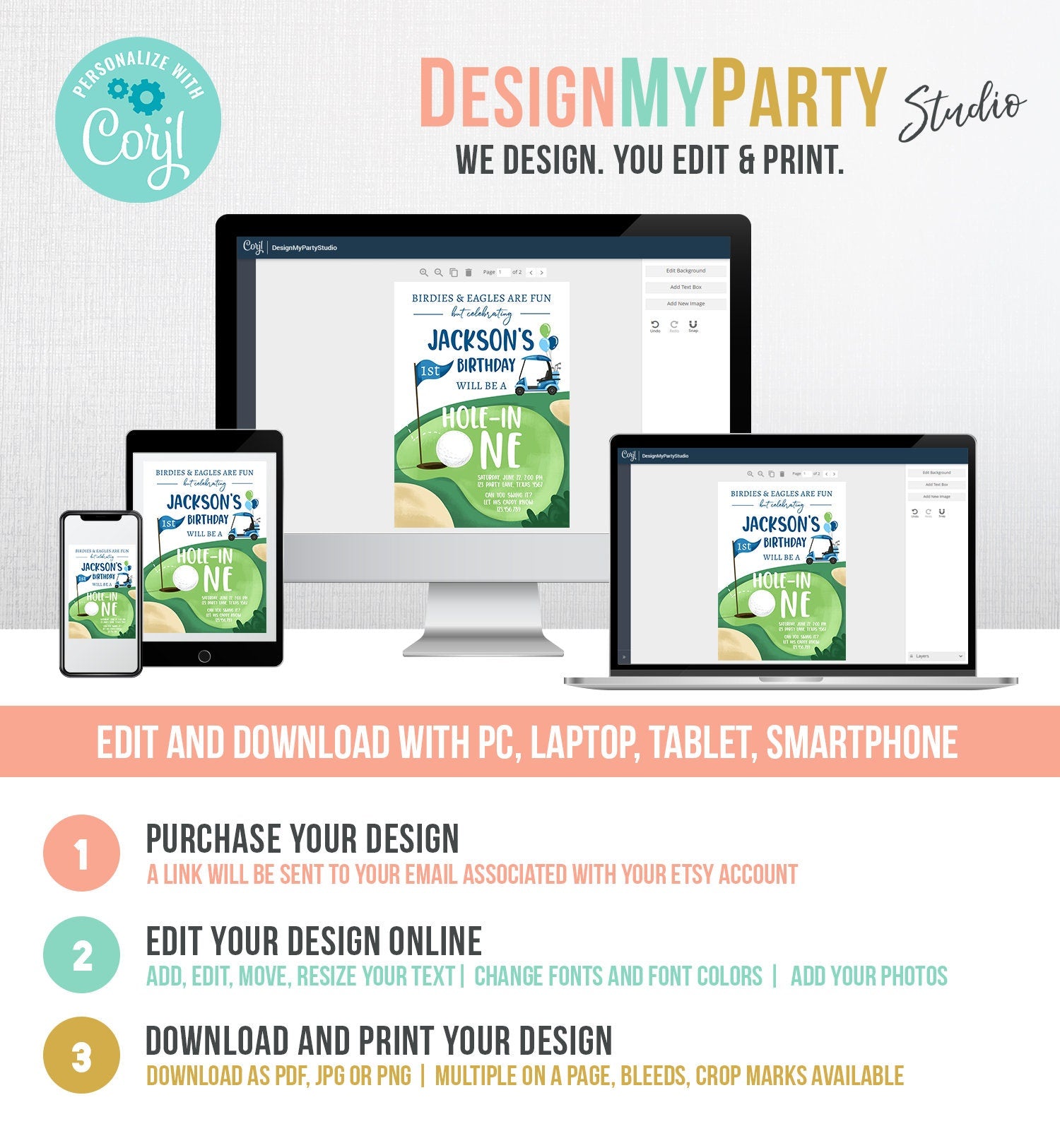 Editable Hole in One Birthday Invitation Golf First Birthday Par-tee Golf Invite Boy Golfing Download Printable Template Digital Corjl 0405