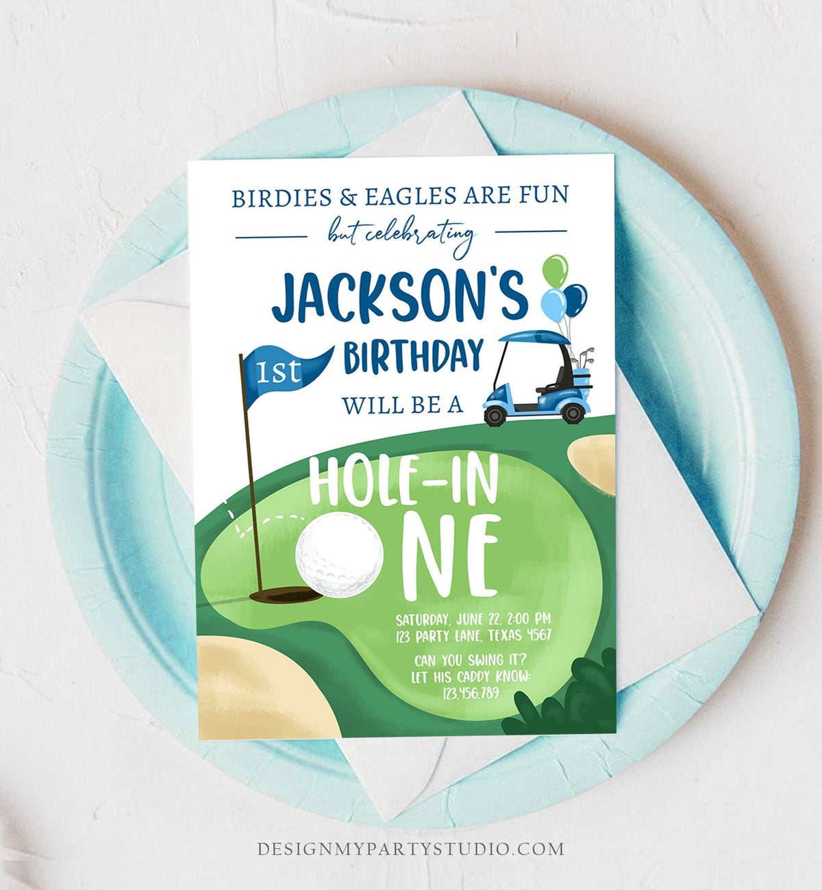 Editable Hole in One Birthday Invitation Golf First Birthday Par-tee Golf Invite Boy Golfing Download Printable Template Digital Corjl 0405