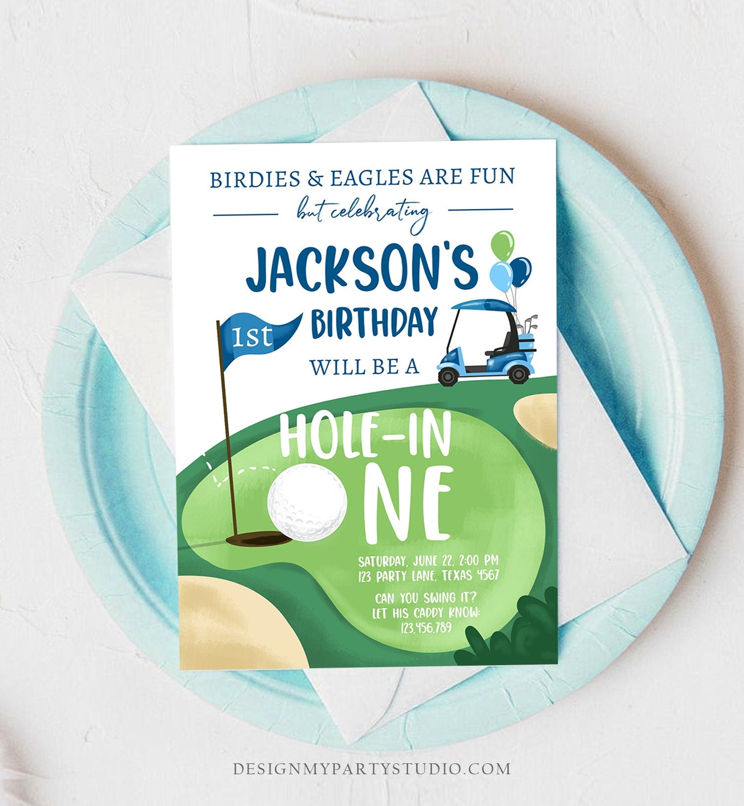 Editable Hole in One Birthday Invitation Golf First Birthday Par-tee Golf Invite Boy Golfing Download Printable Template Digital Corjl 0405