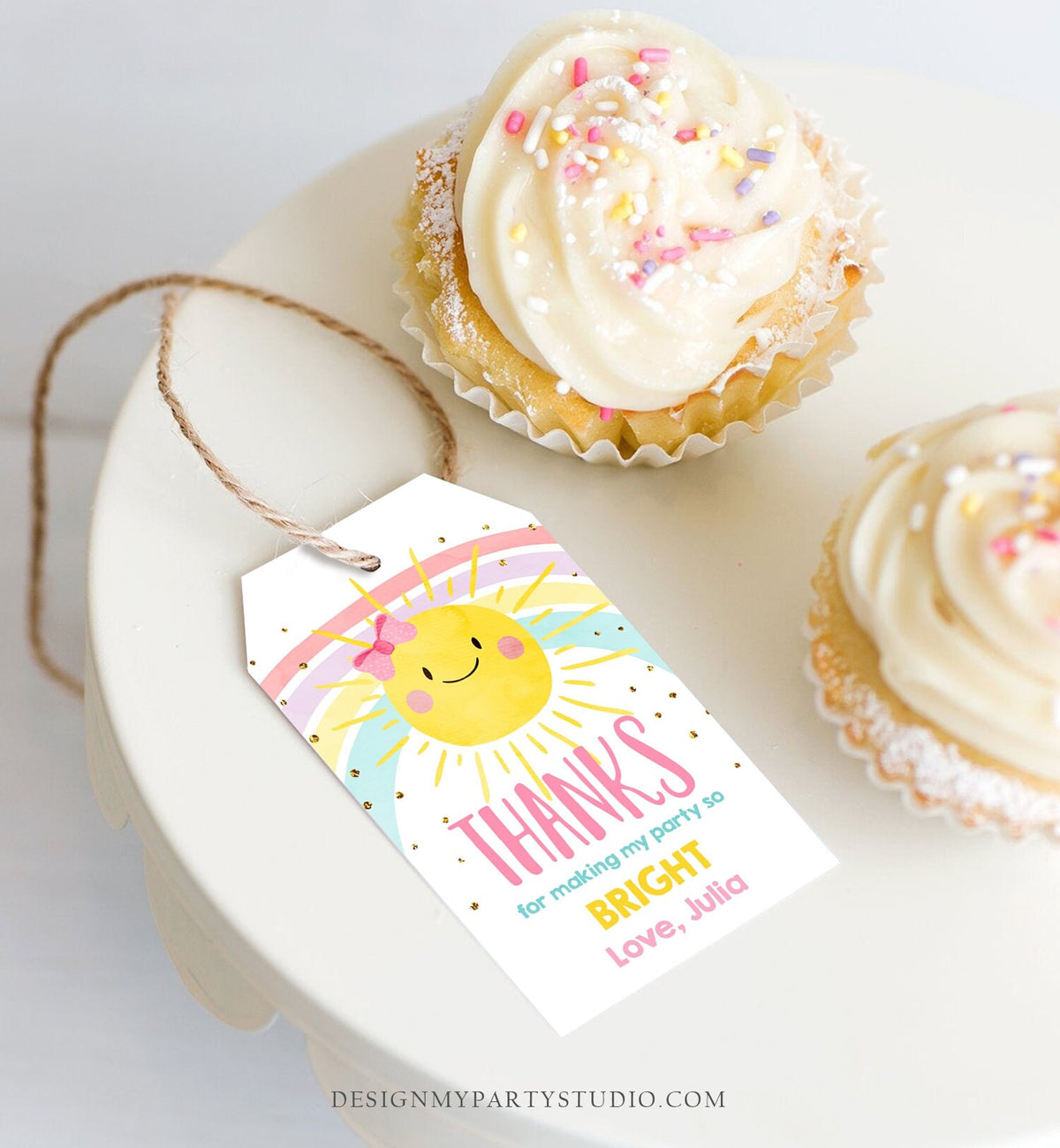 Editable Sunshine and Rainbows Favor tags Little Sunshine Birthday Thank you tag Girl Pink Summer Sunshine template PRINTABLE Corjl 0402