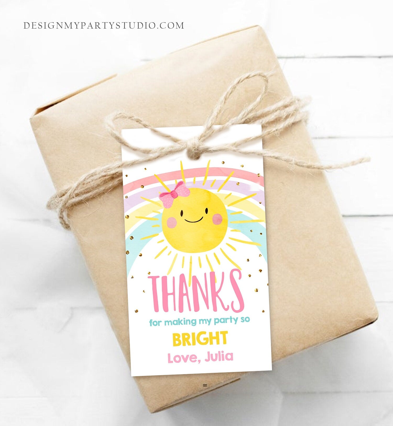 Editable Sunshine and Rainbows Favor tags Little Sunshine Birthday Thank you tag Girl Pink Summer Sunshine template PRINTABLE Corjl 0402