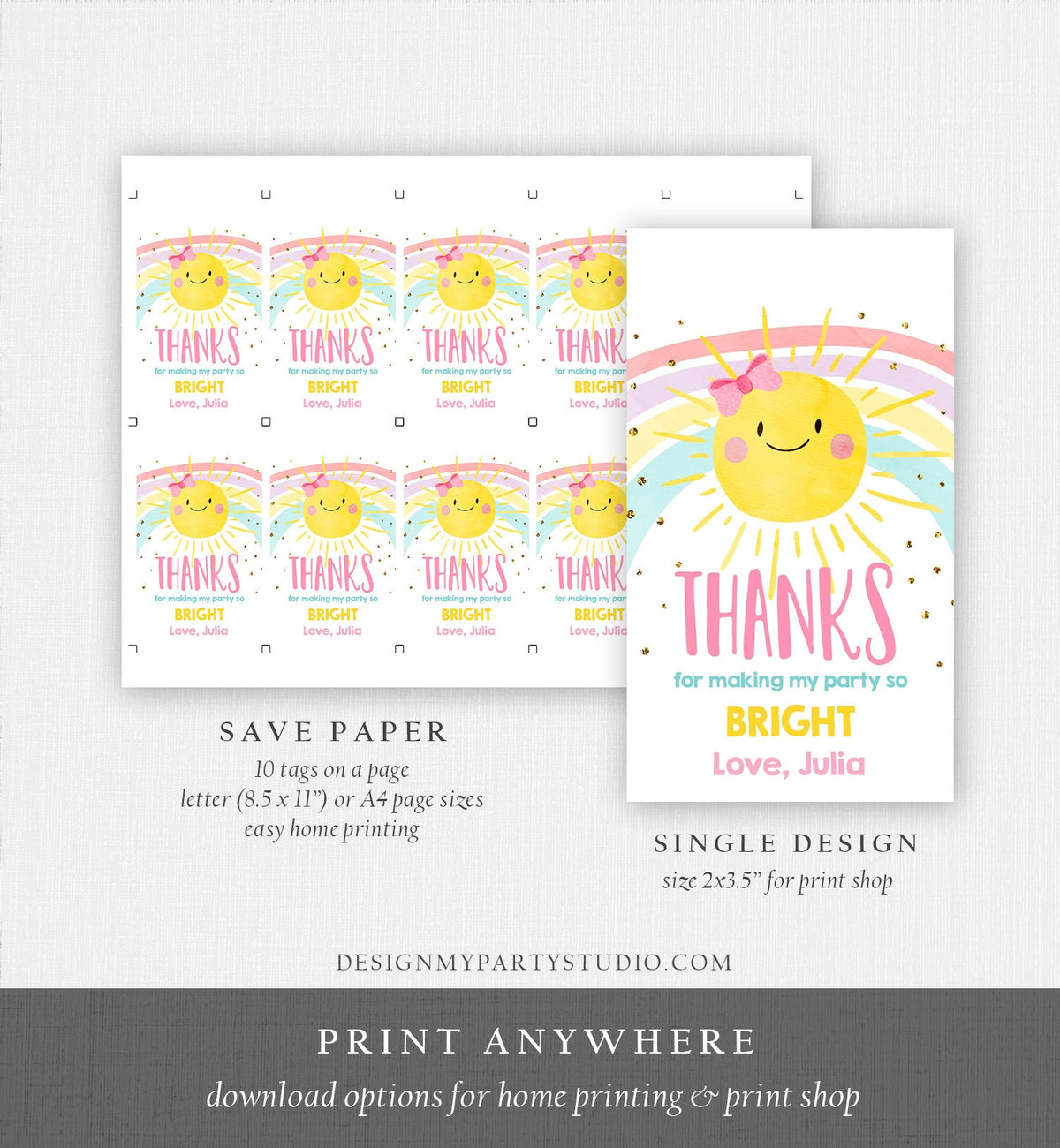 Editable Sunshine and Rainbows Favor tags Little Sunshine Birthday Thank you tag Girl Pink Summer Sunshine template PRINTABLE Corjl 0402