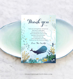 Editable Whale Baby Shower Thank You Card Note Nautical Blue Whale Boy Ocean Under the Sea Coral Template Instant Download Corjl 0118