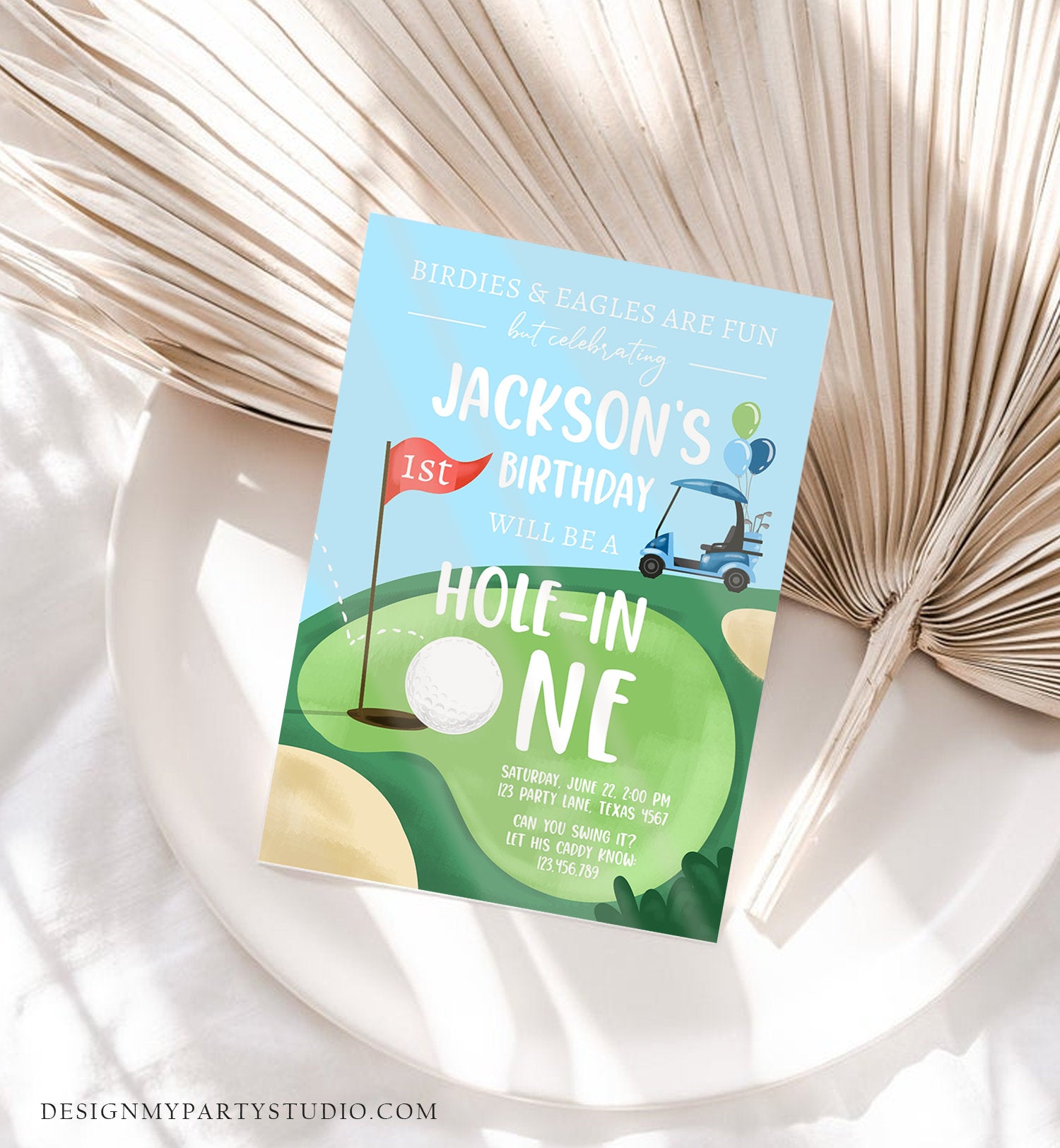 Editable Hole in One Birthday Invitation First Birthday Par-tee Golf Birthday Boy Golfing Digital Download Evite Template Printable 0405