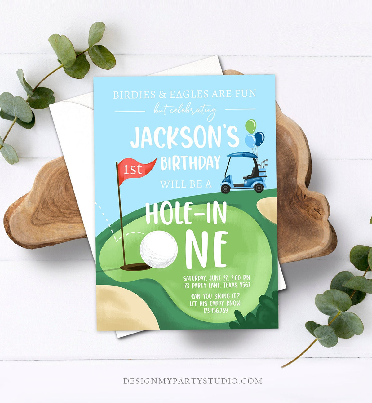 Editable Hole in One Birthday Invitation First Birthday Par-tee Golf Birthday Boy Golfing Digital Download Evite Template Printable 0405