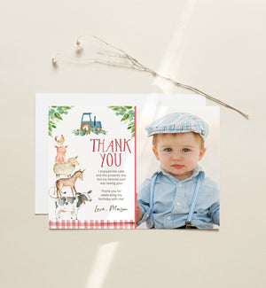 Editable Farm Animals Thank you Card Blue Tractor Farm Birthday Boy Barnyard Thank You Card Birthday Template Instant Download Corjl 0155