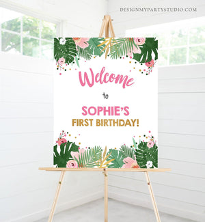 Editable Safari Welcome Sign Tropical Baby Shower Party Animals Sign Zoo Table Sign Pink Gold Girl Corjl Template Download PRINTABLE 0332