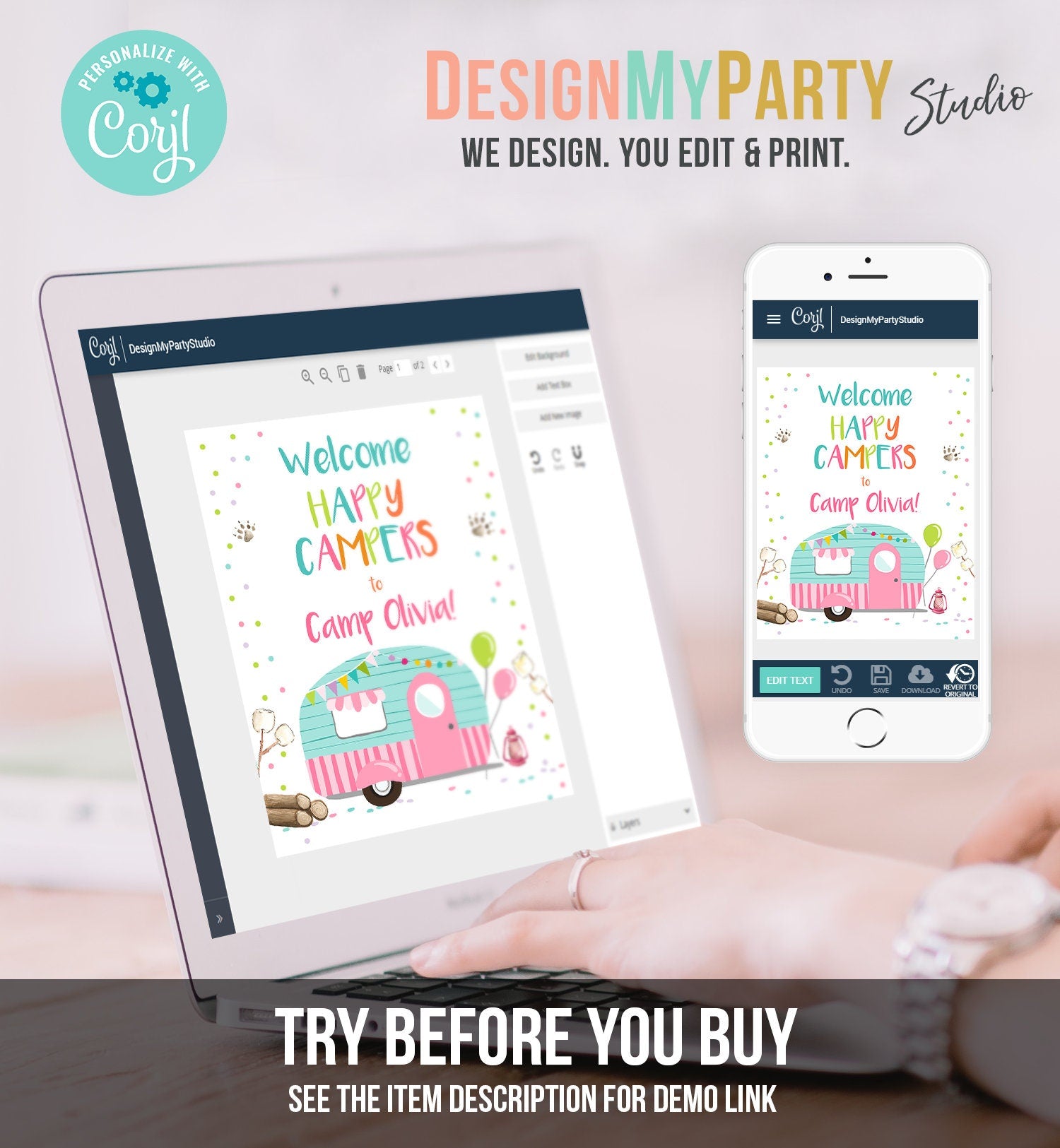 Editable Happy Camper Welcome Sign Camp Birthday Party Girl Pink Smores Bear Camping Glamping Outdoor Fishing Lumberjack Corjl Template 0342