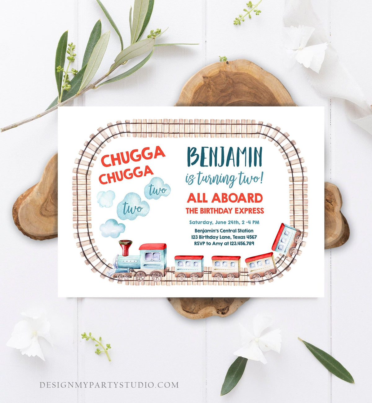 Editable Chugga Chugga Two Two Train Birthday Invitation Vintage Choo Choo Train Party Train Digital Download Evite Template Printable 0149