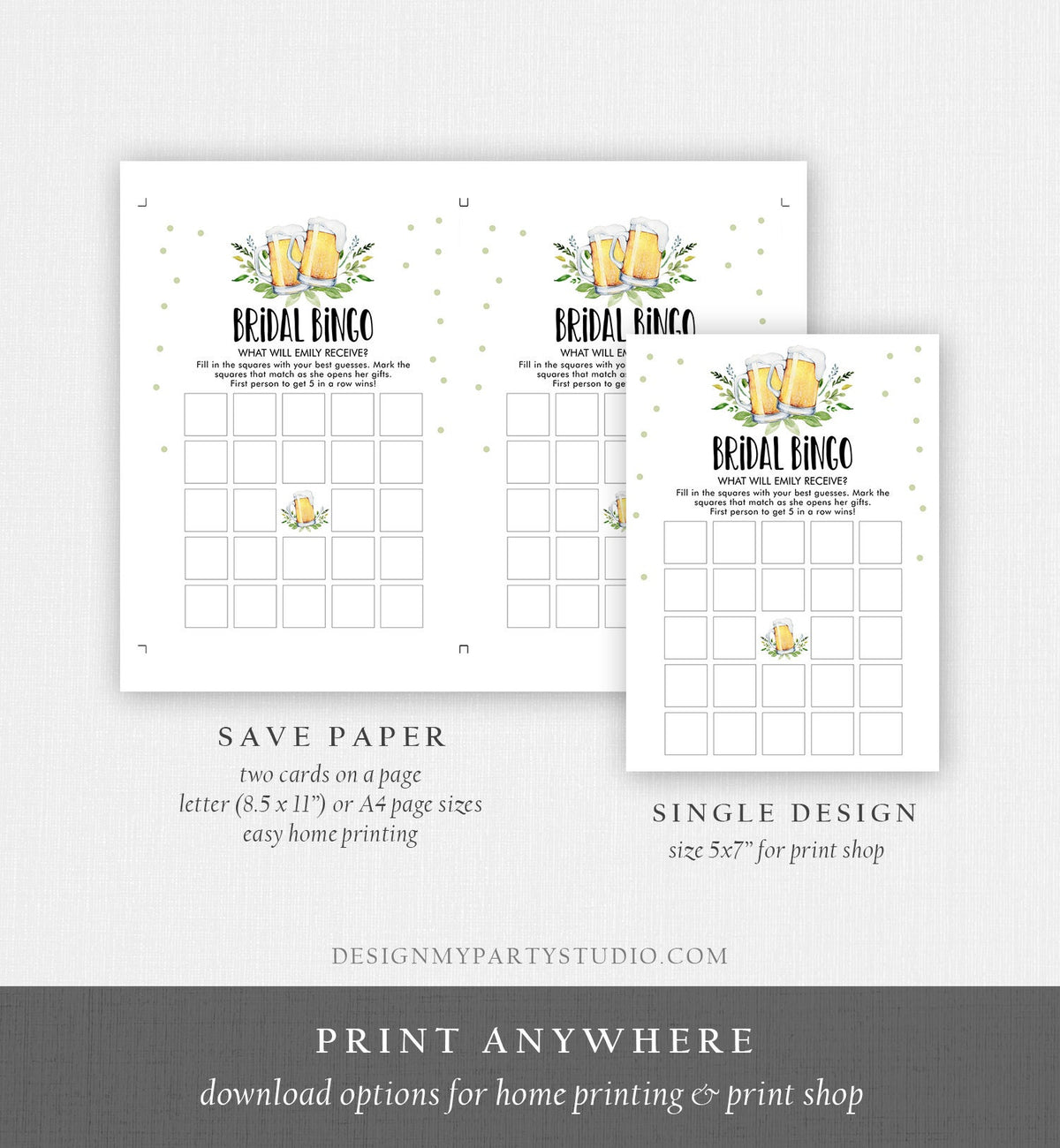 Editable Bingo Bridal Shower Game Wedding Shower Activity Love is Brewing Greenery Rustic Beer Couples Digital Template Printable 0190