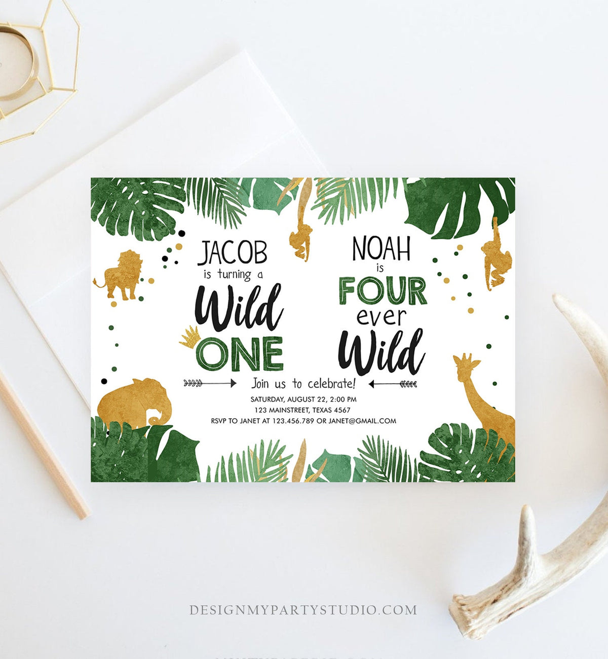 Editable Wild One Four Ever Wild Birthday Invitation Boys Brothers Safari Animals Party Gold Joint Digital Download Template Printable 0016