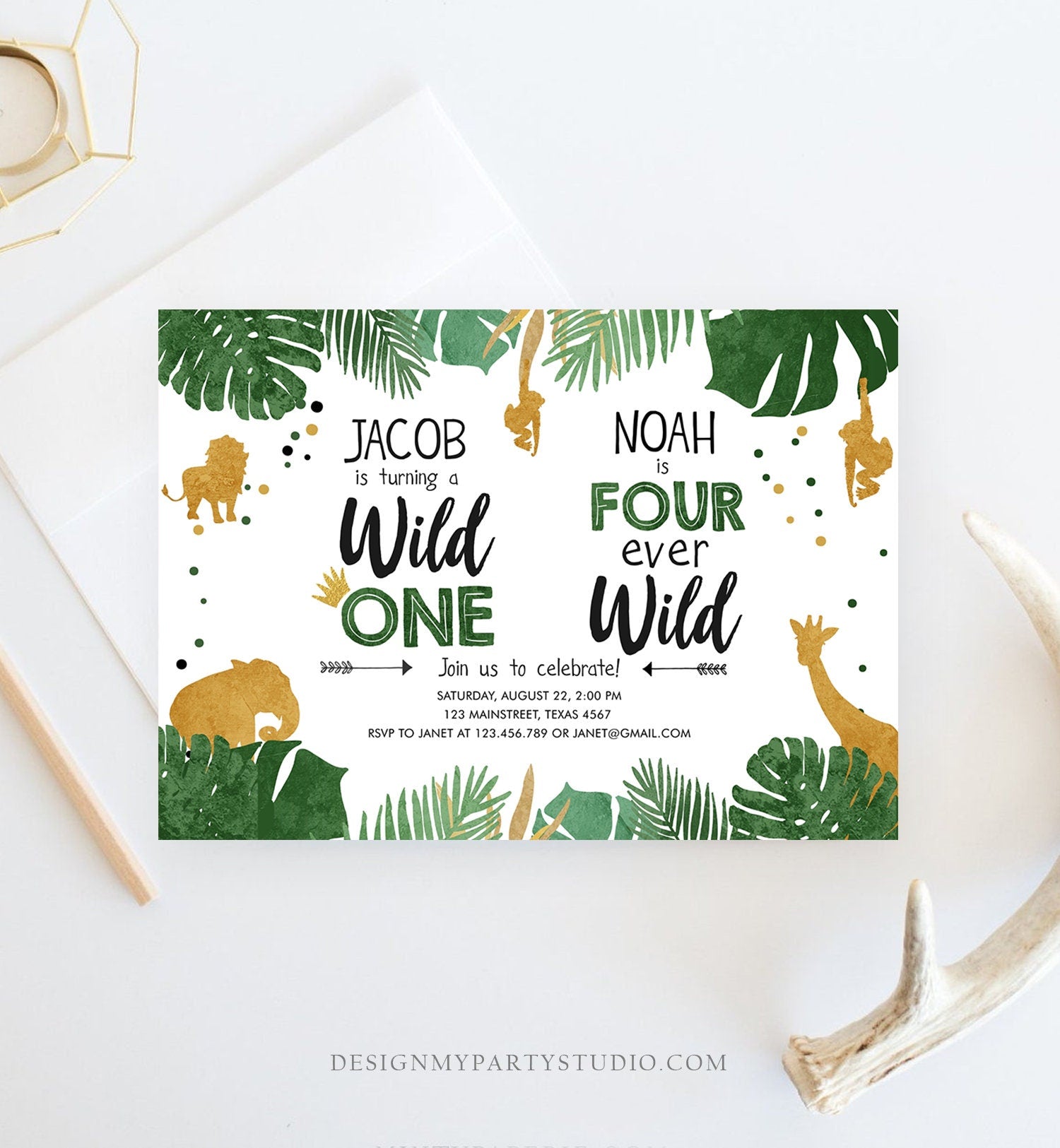 Editable Wild One Four Ever Wild Birthday Invitation Boys Brothers Safari Animals Party Gold Joint Digital Download Template Printable 0016