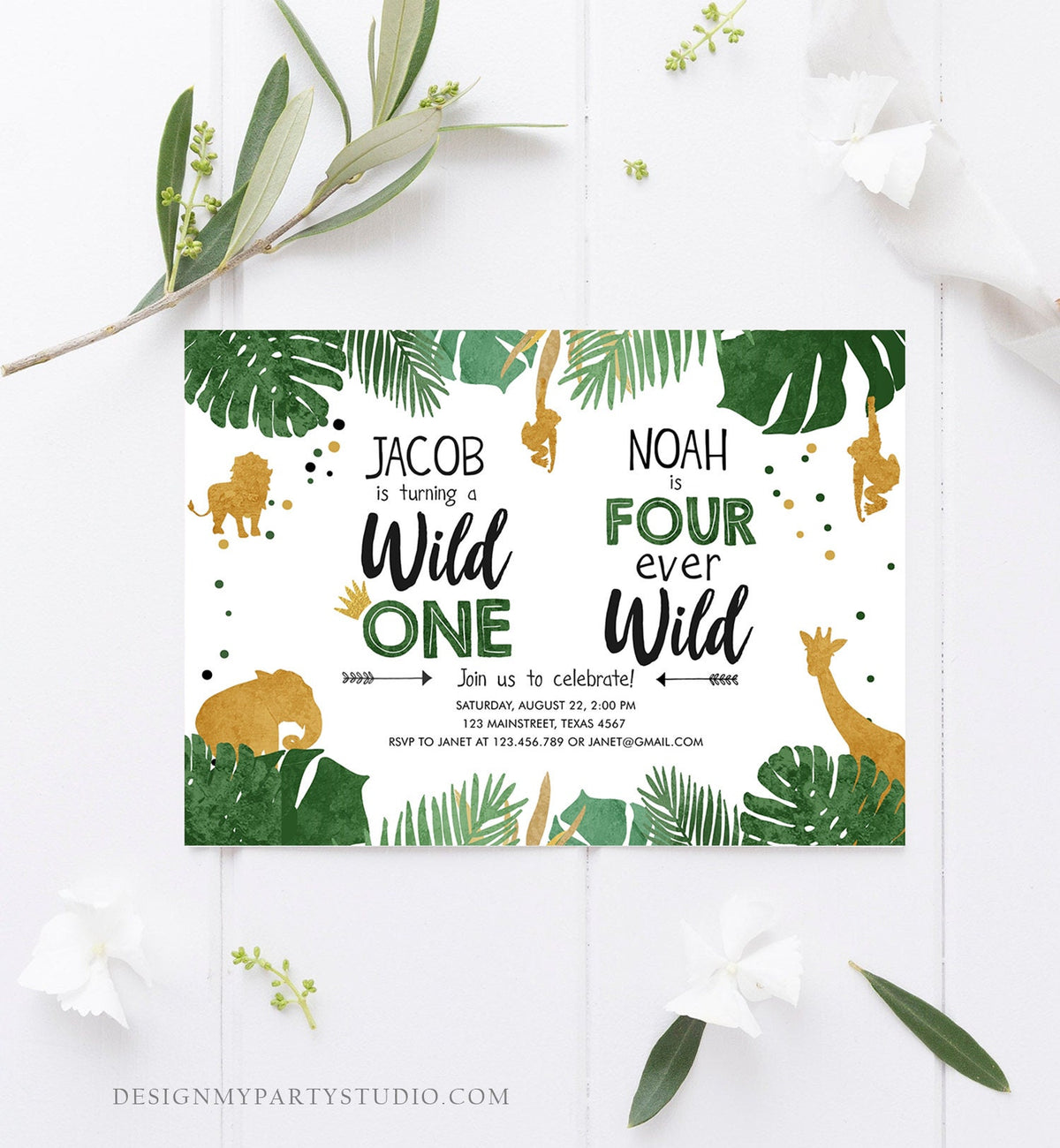 Editable Wild One Four Ever Wild Birthday Invitation Boys Brothers Safari Animals Party Gold Joint Digital Download Template Printable 0016