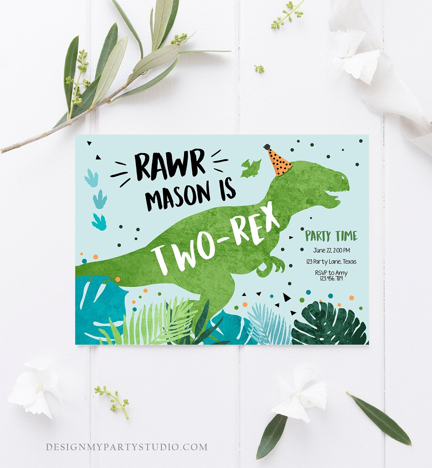 Editable Two-Rex Dinosaur Birthday Invitation Dino T-Rex Second Birthday 2nd RAWR Boy Green Blue Prehistoric Printable Corjl Template 0389