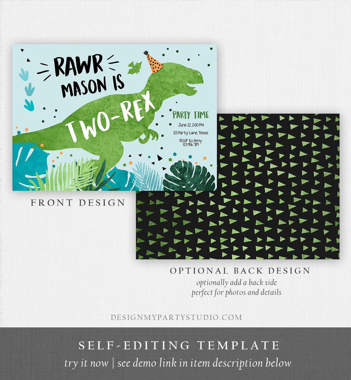 Editable Two-Rex Dinosaur Birthday Invitation Dino T-Rex Second Birthday 2nd RAWR Boy Green Blue Prehistoric Printable Corjl Template 0389