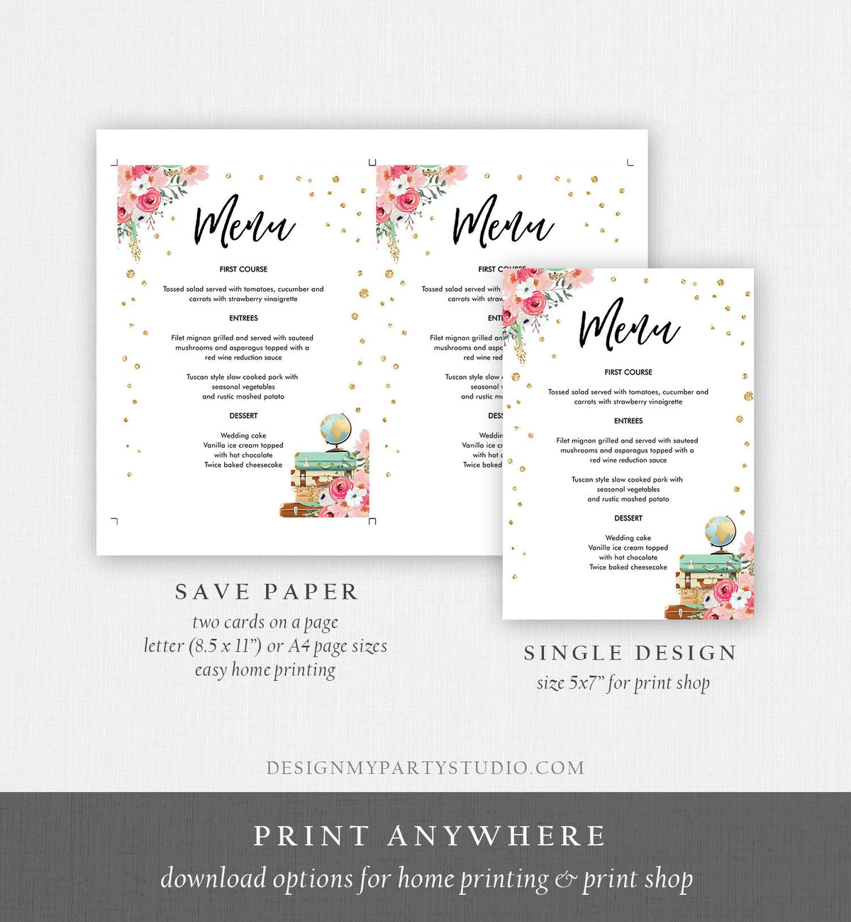 Editable Travel Menu Card Bridal Shower Pink Floral Gold Confetti Baby Shower Suitcases Adventure Download Corjl Template Printable 0030