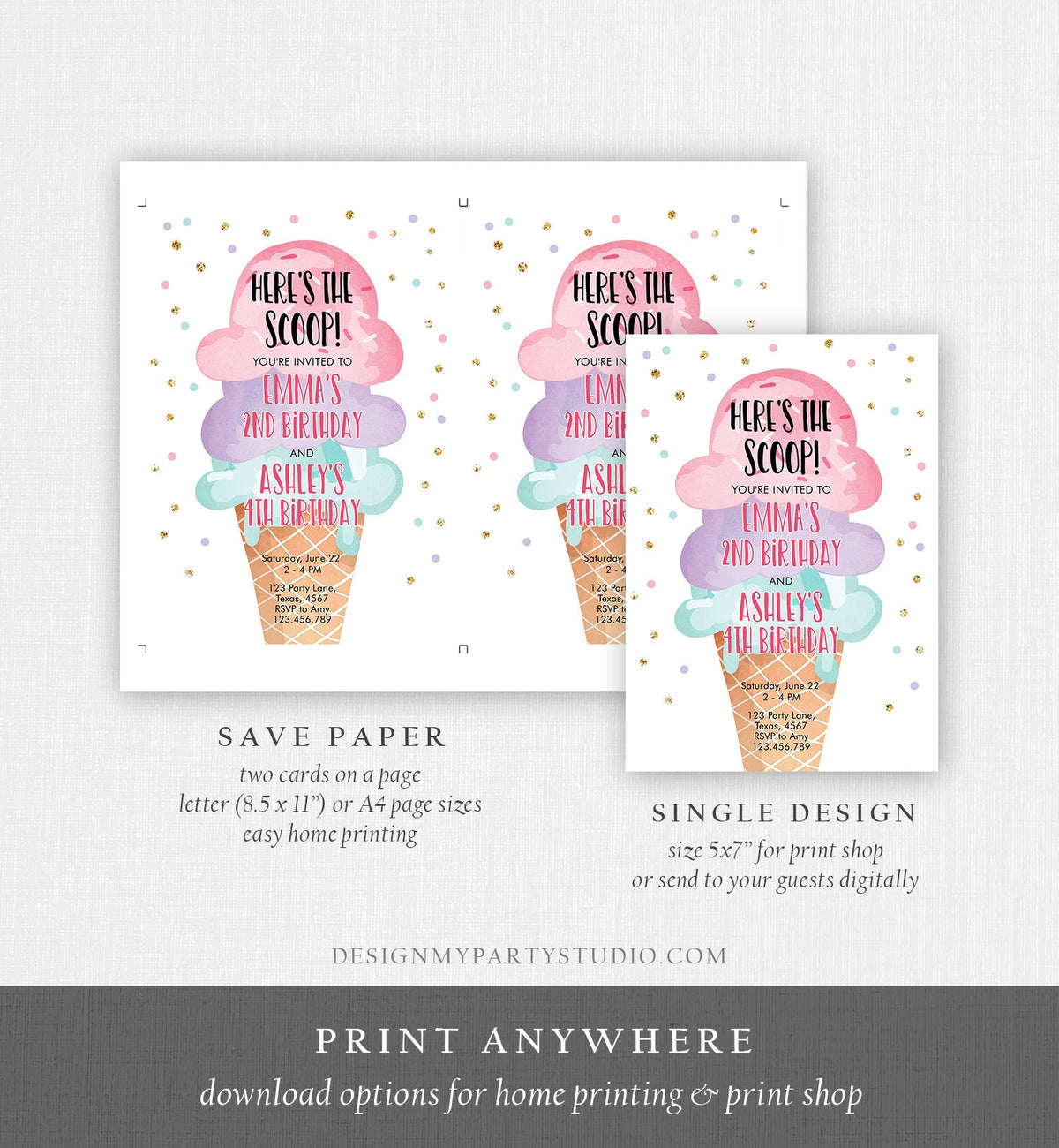 Editable Ice Cream Birthday Invitation Coed Joint Sisters Party Here's the Scoop Cone Pink Mint Gold Purple Digital Template Printable 0243