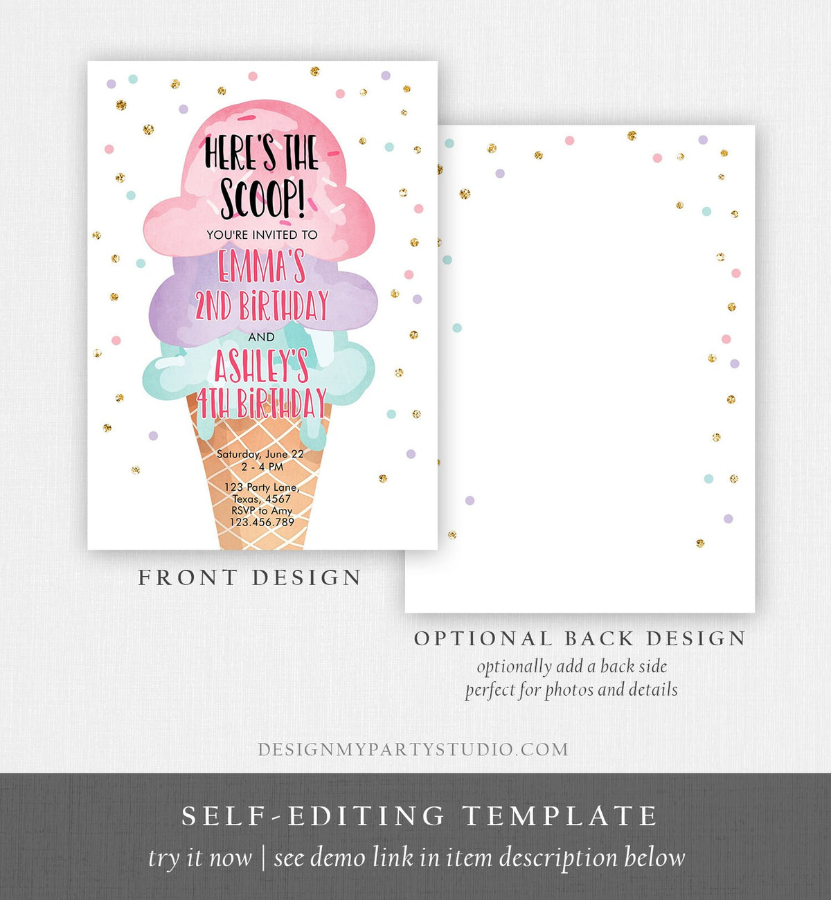 Editable Ice Cream Birthday Invitation Coed Joint Sisters Party Here's the Scoop Cone Pink Mint Gold Purple Digital Template Printable 0243