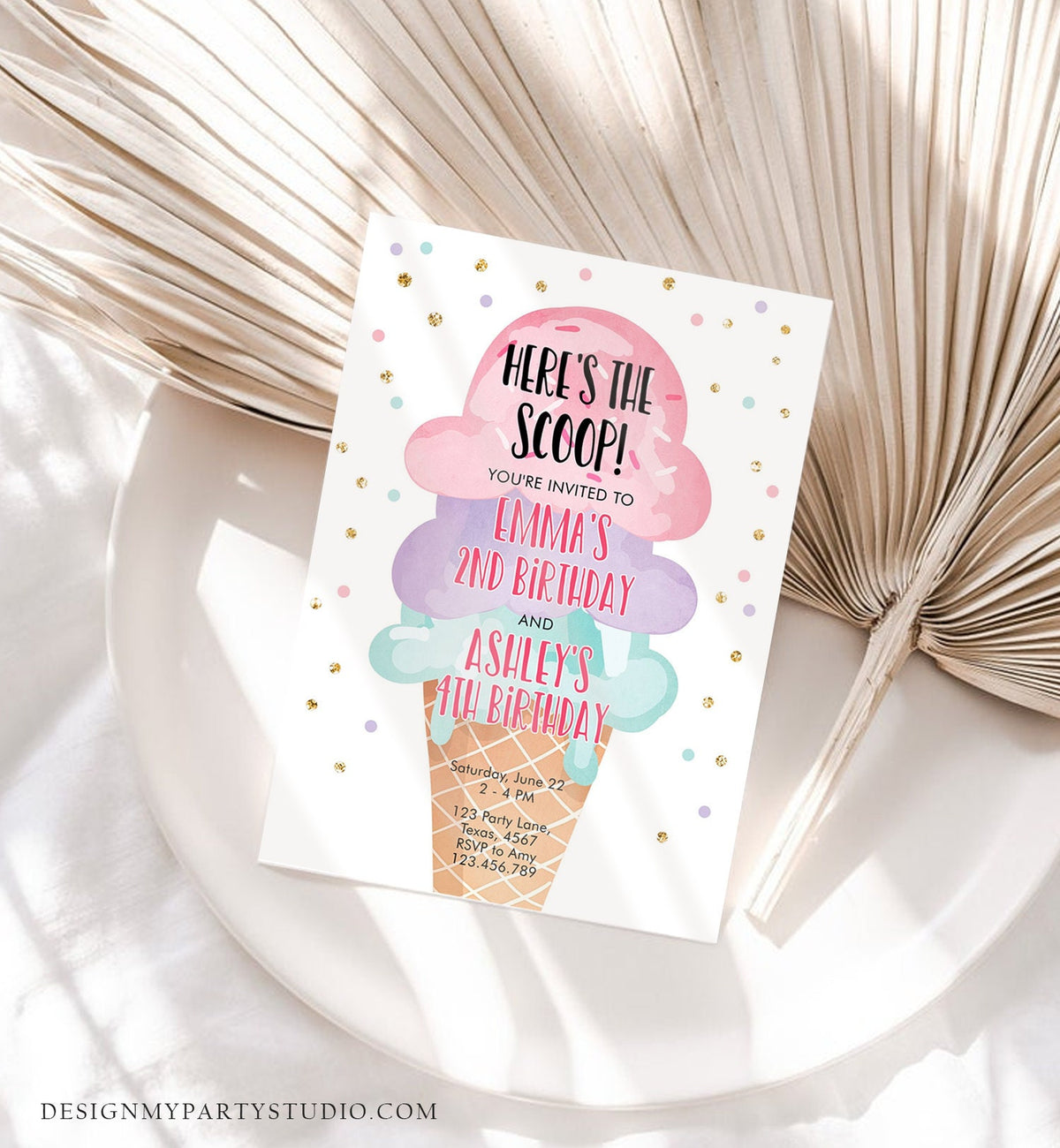 Editable Ice Cream Birthday Invitation Coed Joint Sisters Party Here's the Scoop Cone Pink Mint Gold Purple Digital Template Printable 0243
