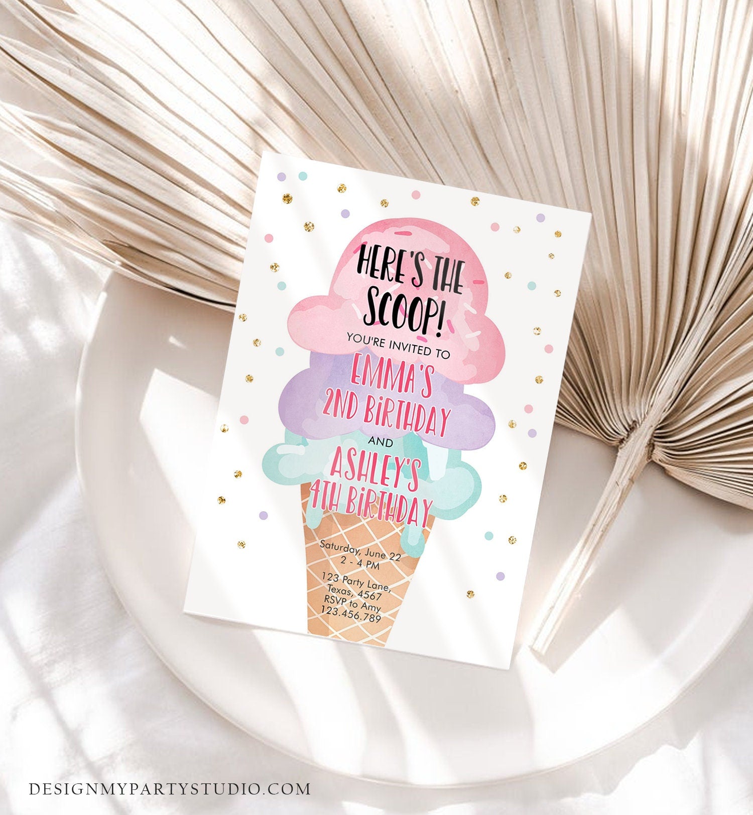 Editable Ice Cream Birthday Invitation Coed Joint Sisters Party Here's the Scoop Cone Pink Mint Gold Purple Digital Template Printable 0243