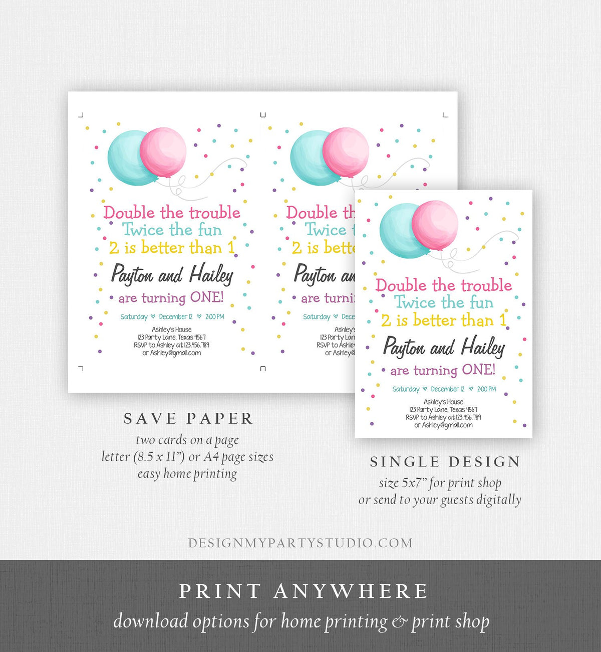 Editable Joint Twin Birthday Invitation Twins Birthday Party Dual Joint Siblings Party Boy and Girl Digital Download Template Printable