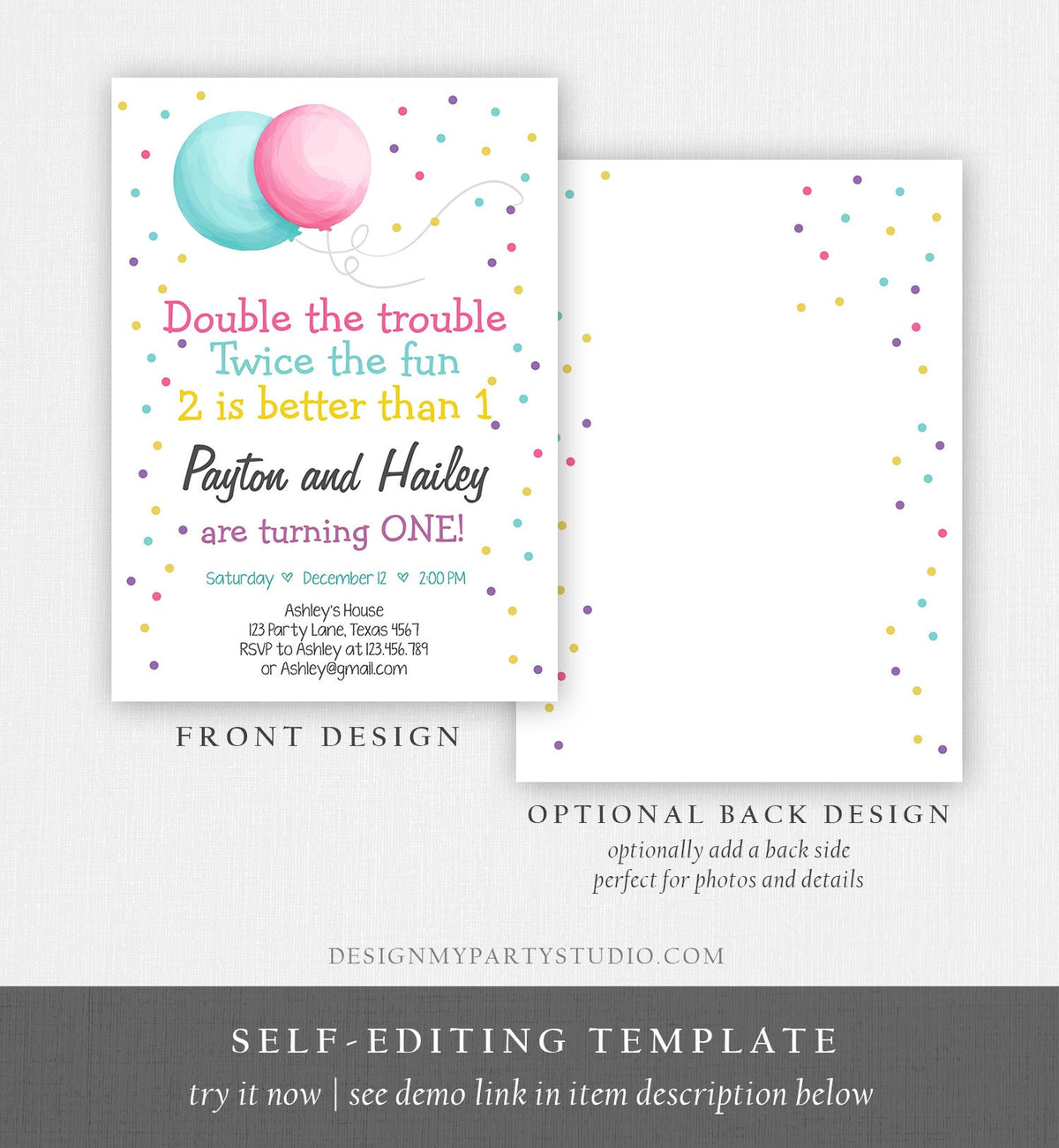 Editable Joint Twin Birthday Invitation Twins Birthday Party Dual Joint Siblings Party Boy and Girl Digital Download Template Printable