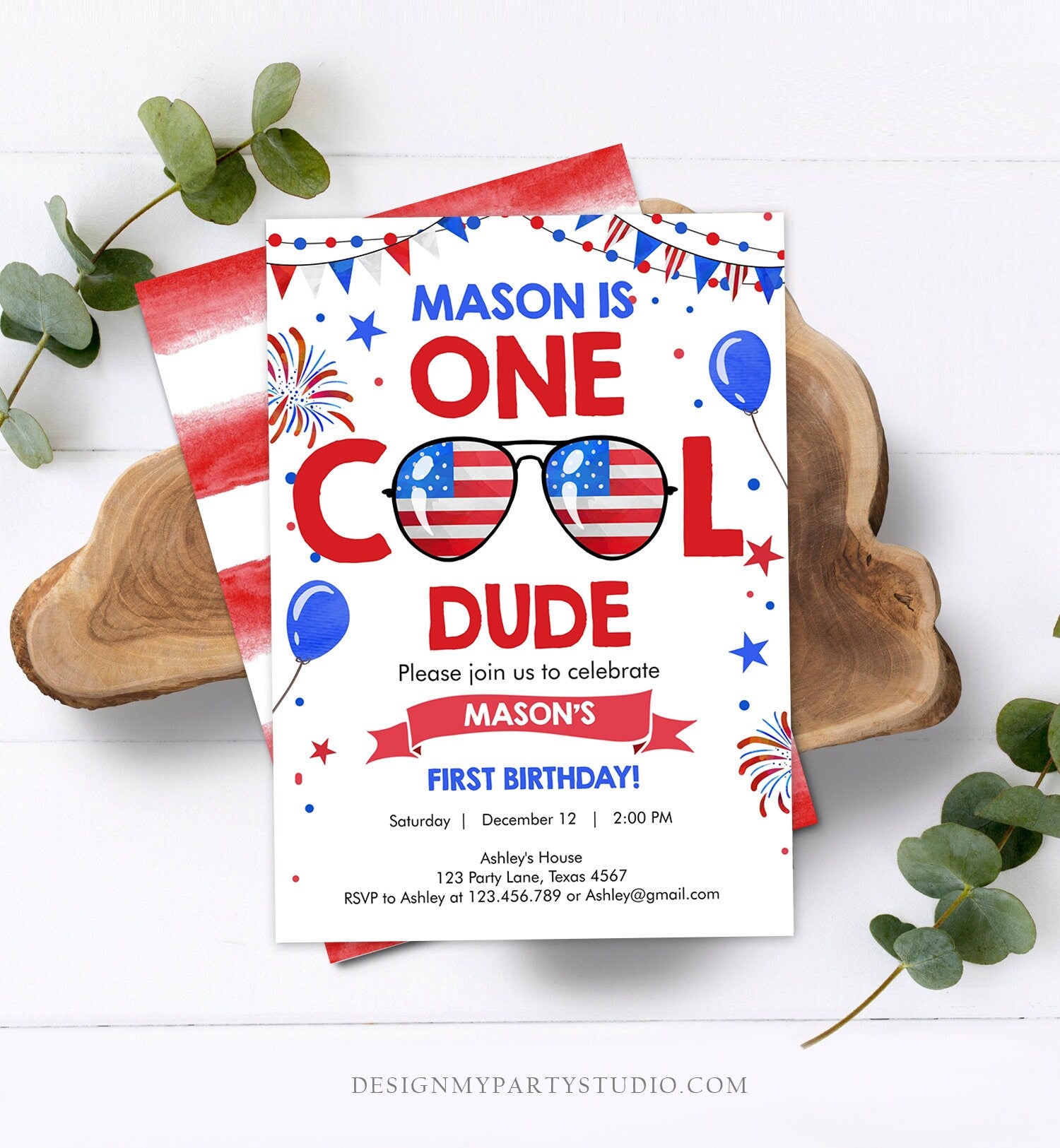 Editable Memorial Day Birthday Invitation 4th of July Little Firecracker Red White Blue One Cool Dude Sunglasses Template Corjl Digital 0122