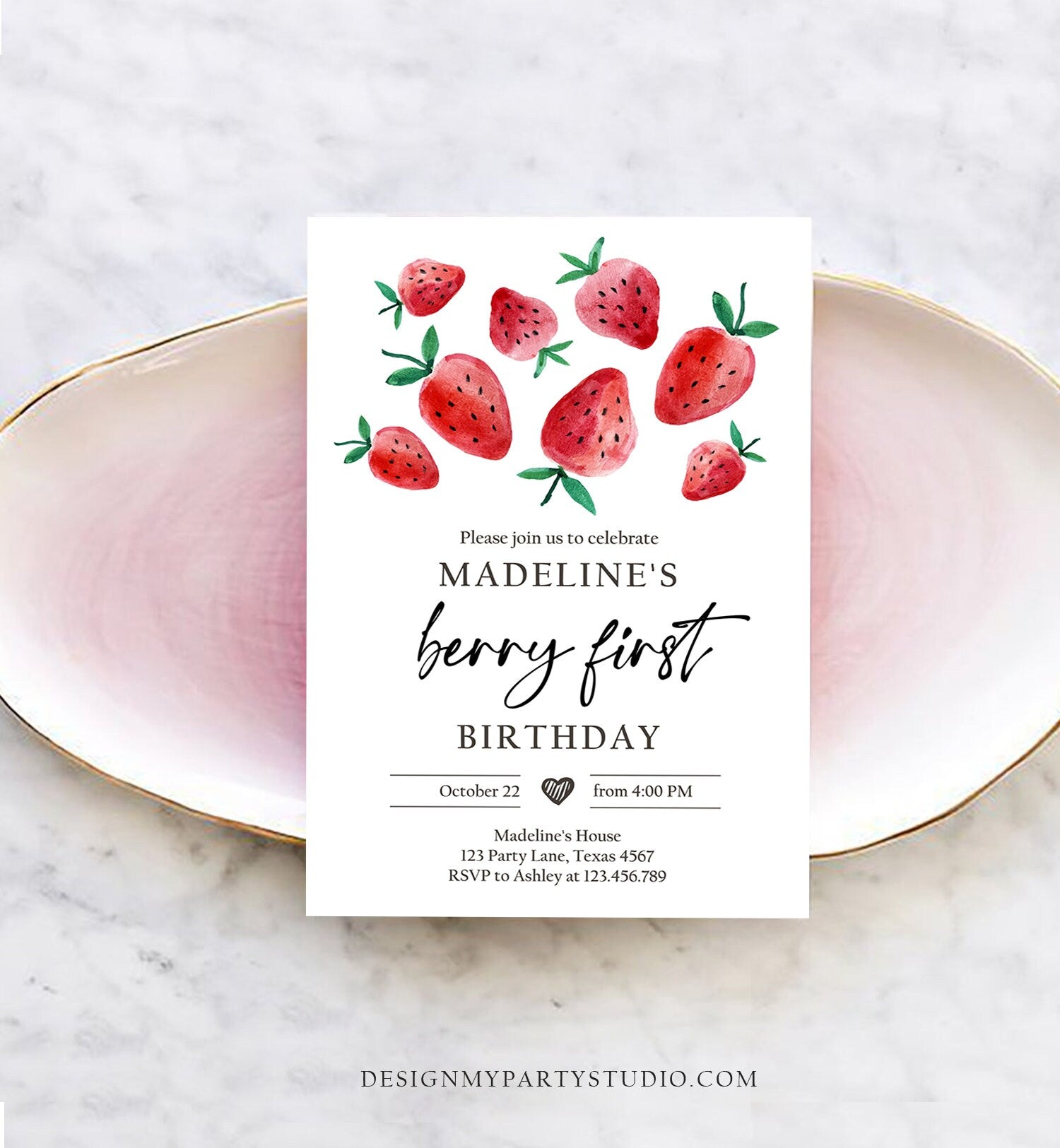 Editable Strawberry Birthday Invitation First Birthday Berry Sweet Girl Cute Strawberries 1st Digital Download Evite Template Printable 0399