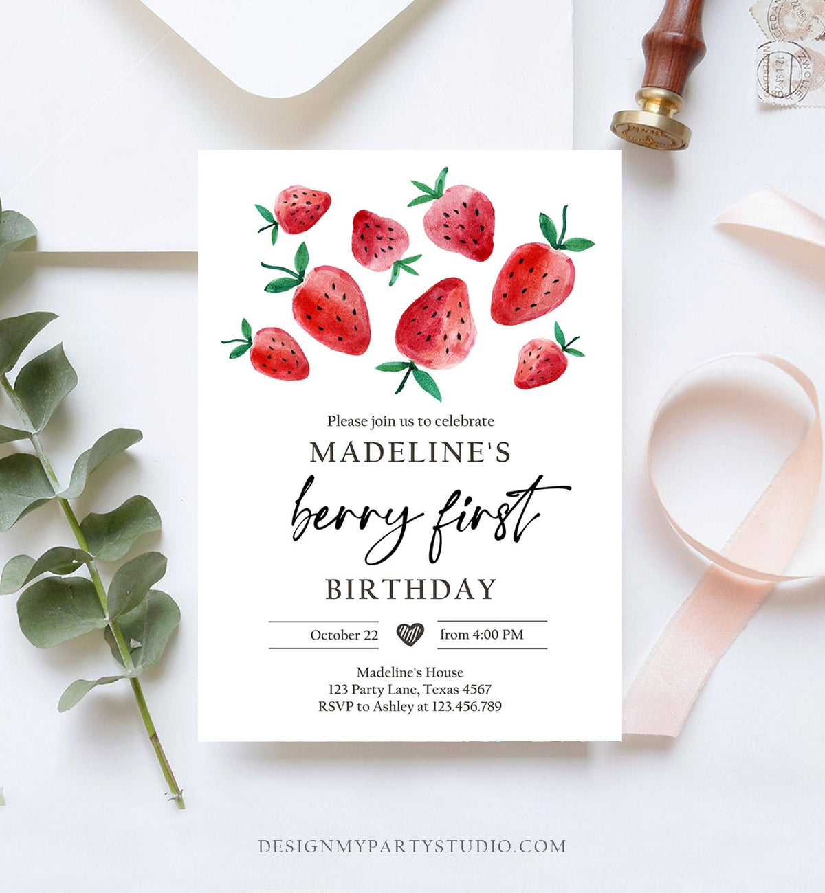Editable Strawberry Birthday Invitation First Birthday Berry Sweet Girl Cute Strawberries 1st Digital Download Evite Template Printable 0399