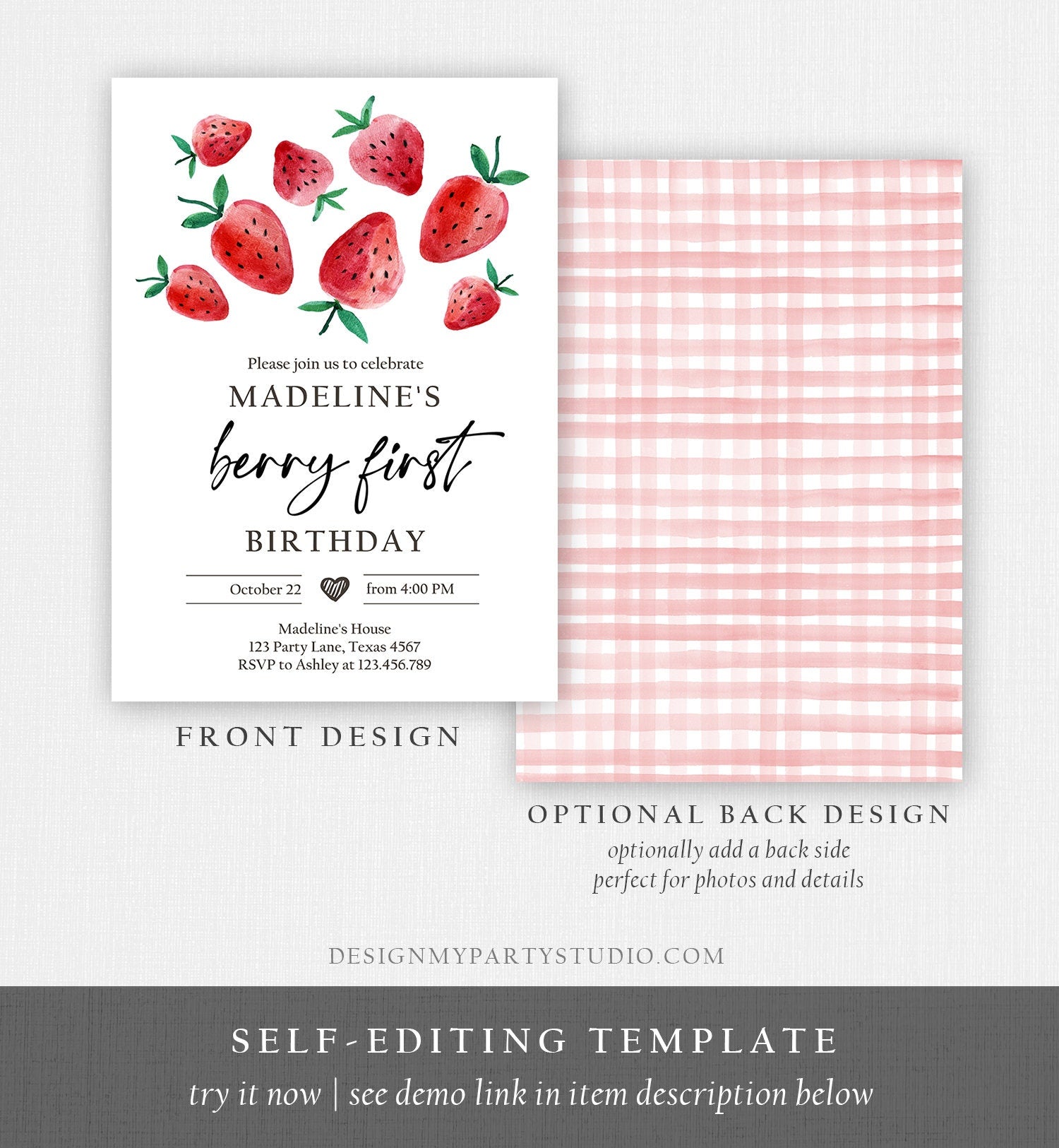 Editable Strawberry Birthday Invitation First Birthday Berry Sweet Girl Cute Strawberries 1st Digital Download Evite Template Printable 0399