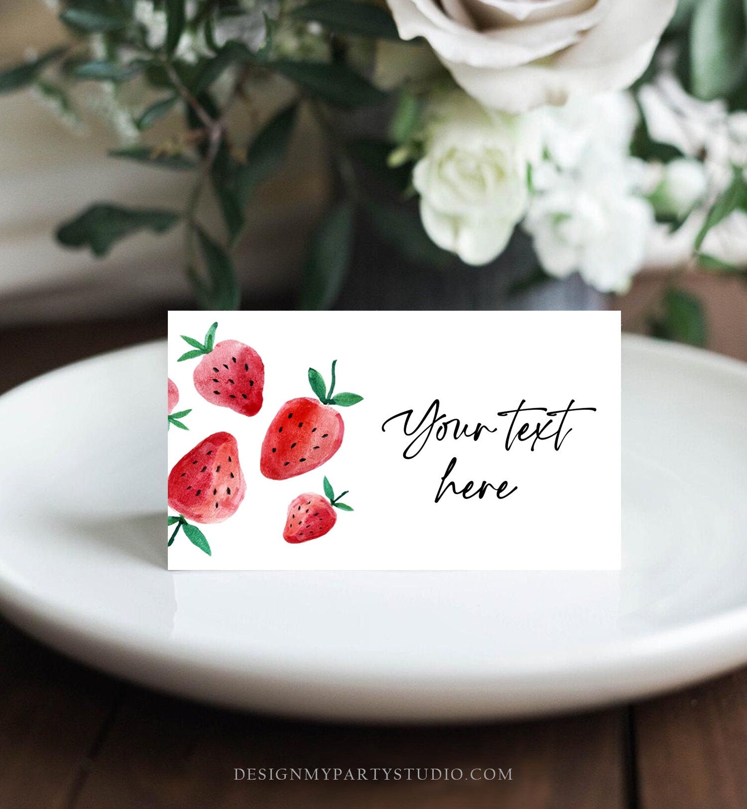 Editable Strawberry Food Labels Strawberry Birthday Party Place Card Food Tents Farmers Market Fruit Berry Sweet Girl Template Corjl 0399