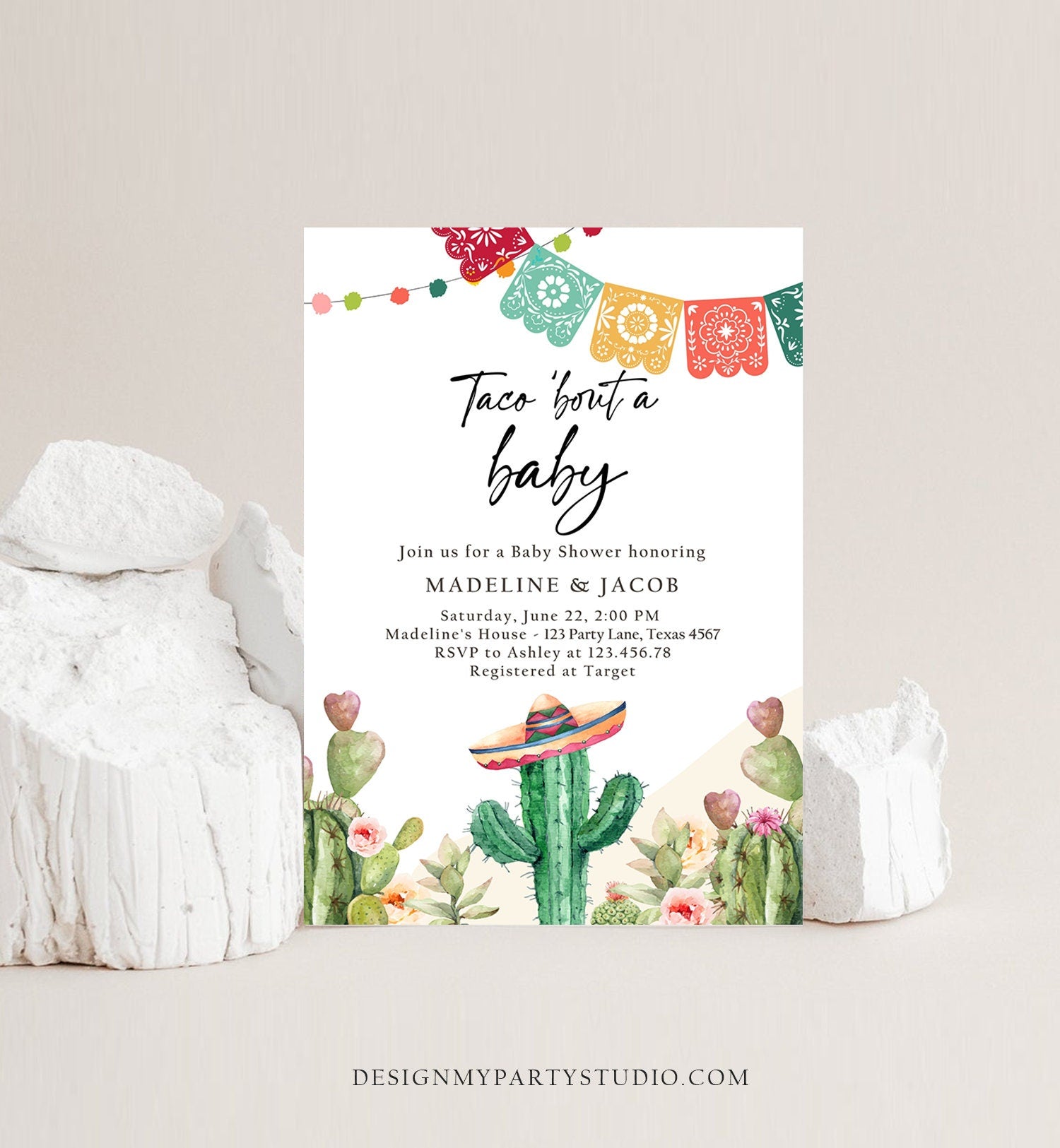 Editable Taco Bout a Baby Shower Invitation Cactus Mexican Fiesta Baby Shower Desert Floral Digital Download Evite Template Printable 0404