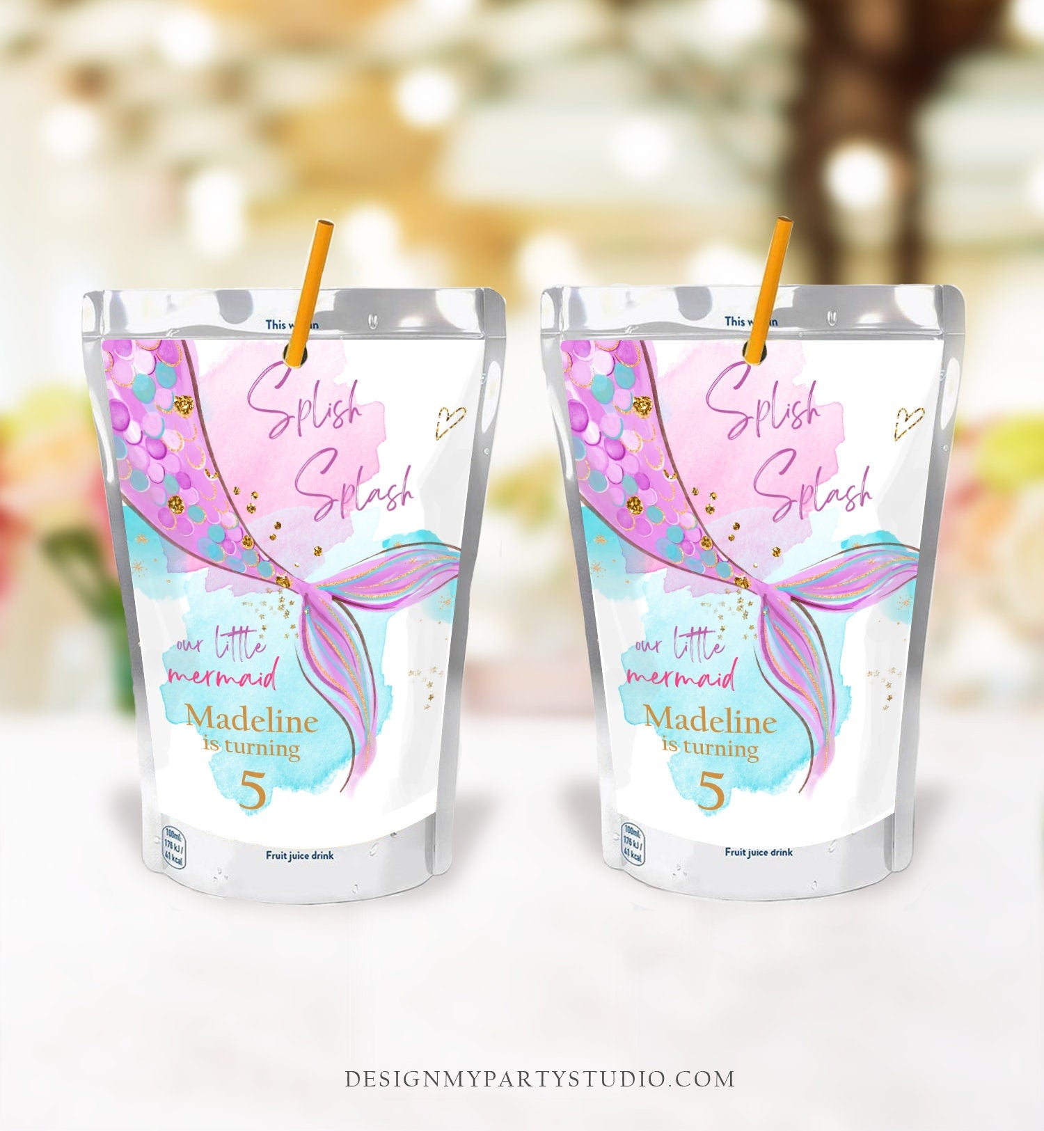 Editable Mermaid Juice Pouch Label Juice Favors Mermaid Birthday Party Girl Pink Under The Sea Digital Download Template Printable 0403