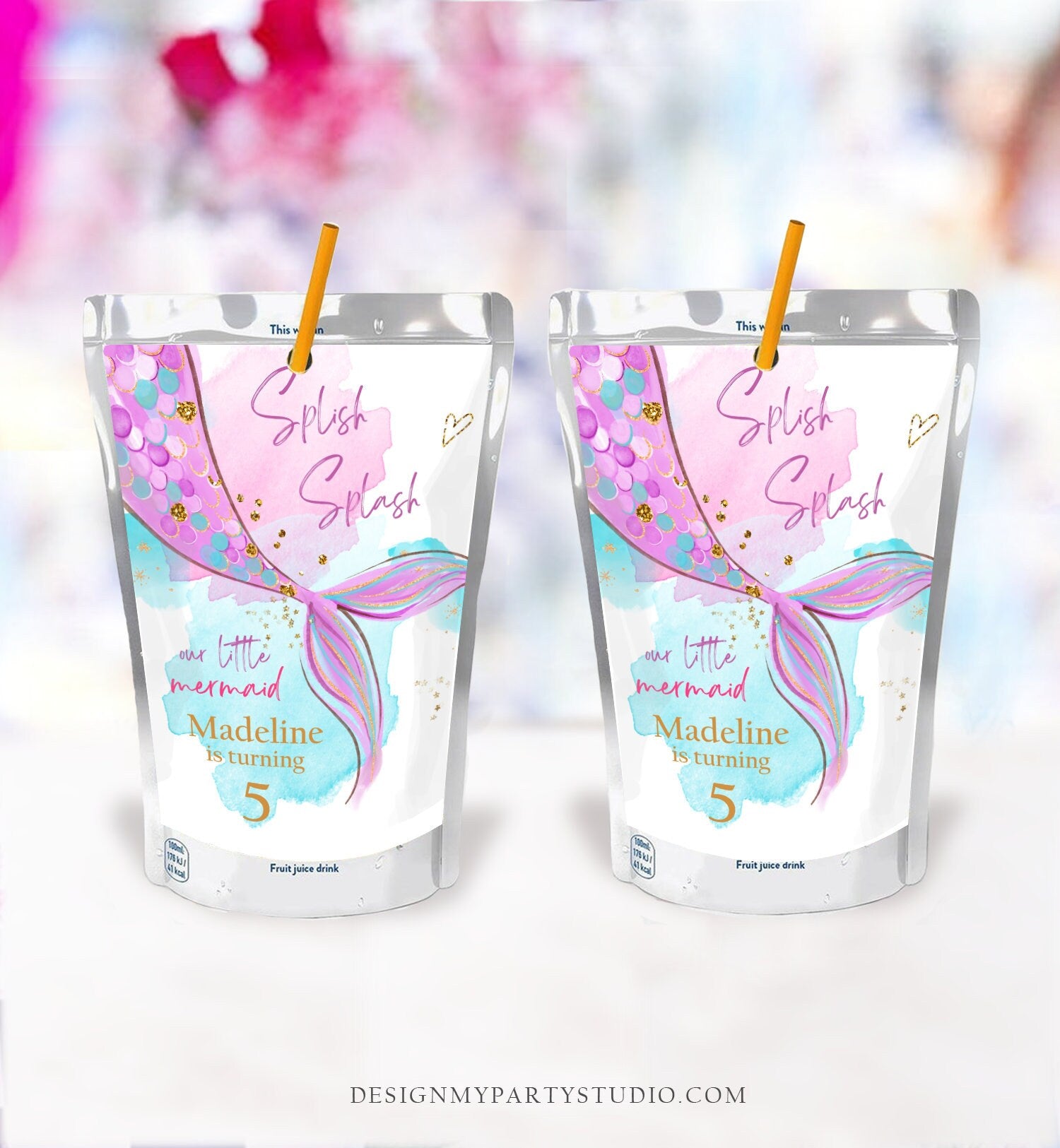 Editable Mermaid Juice Pouch Label Juice Favors Mermaid Birthday Party Girl Pink Under The Sea Digital Download Template Printable 0403