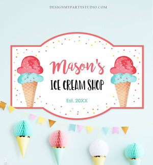 Editable Ice Cream Shop Sign Ice Cream Birthday Welcome Ice Cream Parlor Boy Summer Party Blue Red Mint Summer Template PRINTABLE Corjl 0243