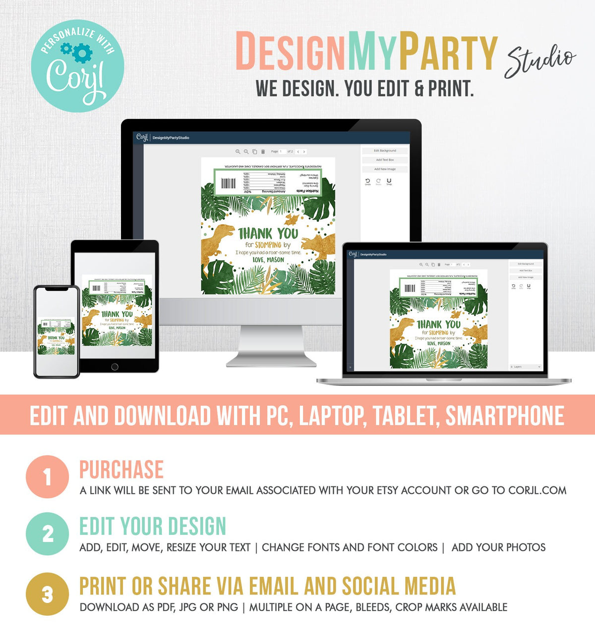 Editable Dinosaur Chocolate Bar Labels Candy Bar Wrapper Safari Tropical Gold Boy Birthday Party Digital Download Template Printable 0146