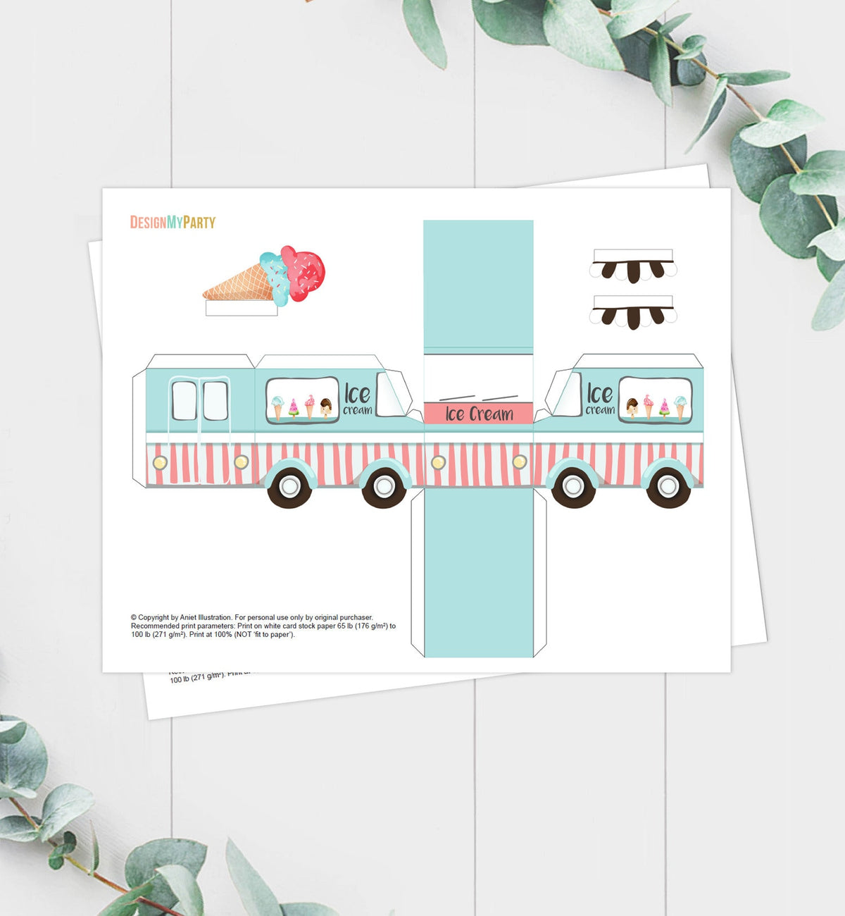 Printable Ice Cream Birthday Ice Cream Party Favor Box Ice Cream Centerpieces Table Decor Decorations Truck Boy Red Blue DIY Digital 0243