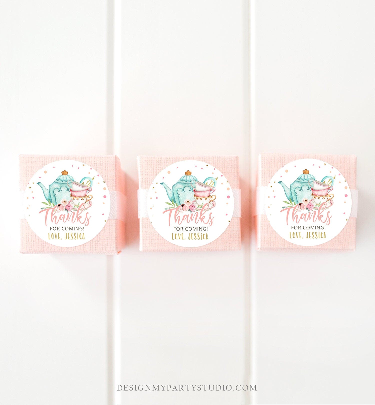 Editable Tea Party Favor Tag Sticker Baby Shower Baby is Brewing Floral Pink Gold Whimsical Girl Square Round Template Corjl Printable 0349