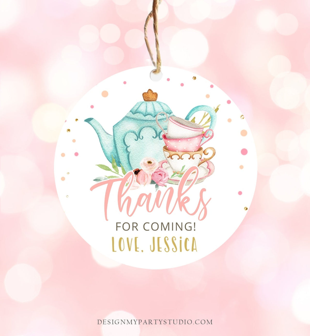 Editable Tea Party Favor Tag Sticker Baby Shower Baby is Brewing Floral Pink Gold Whimsical Girl Square Round Template Corjl Printable 0349