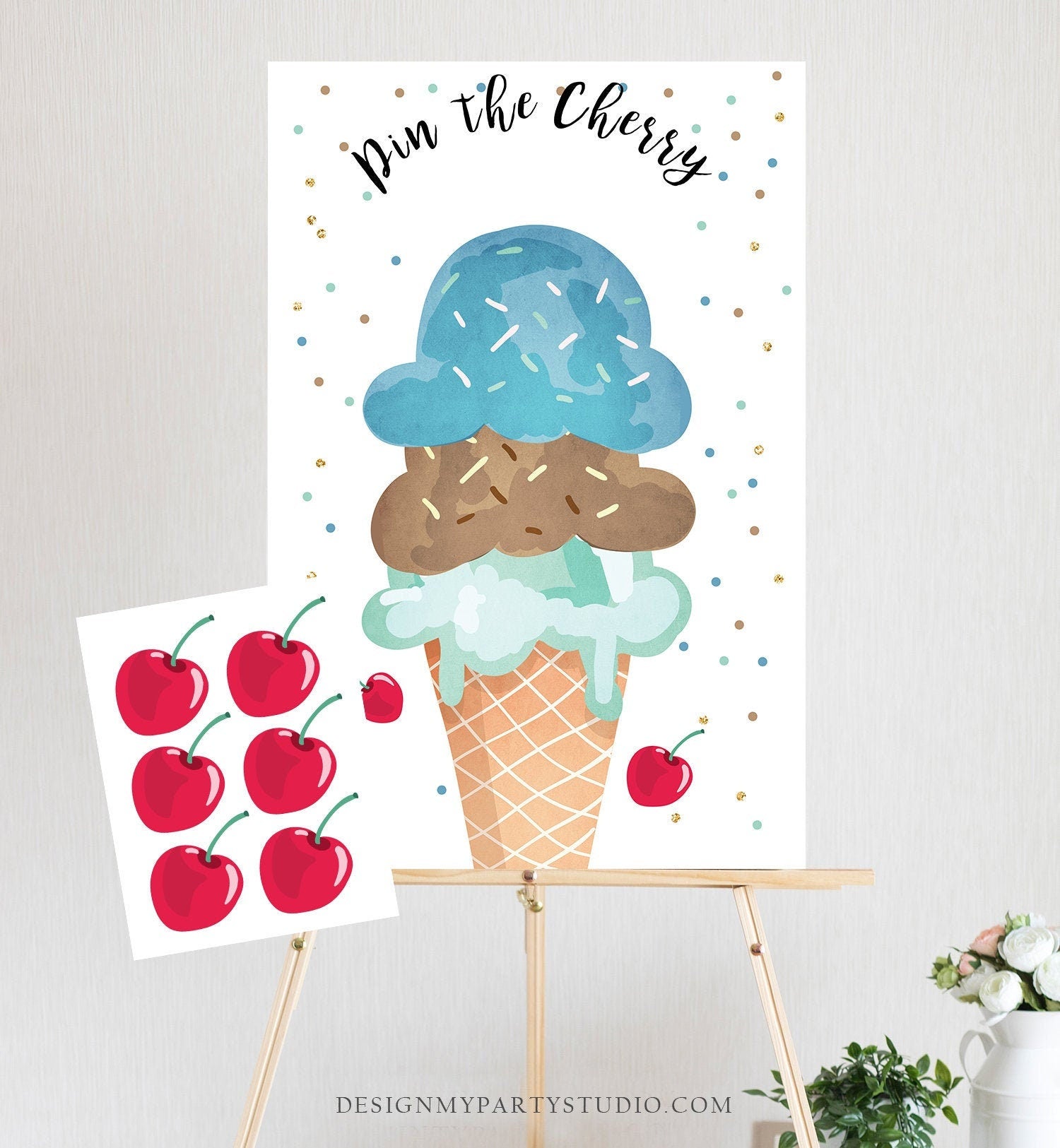 Editable Pin the Cherry on The Ice Cream Game Ice Cream Boy Birthday Game Summer Cone Decor Instant Download Printable Digital Corjl 0243